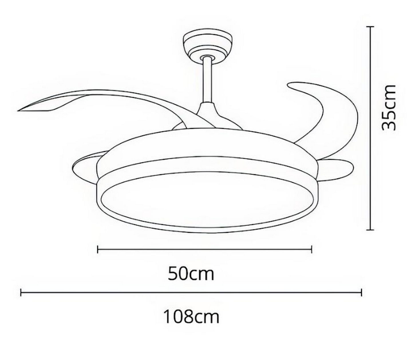 Dibujo lineal de ventilador de techo. Se muestran las dimensiones. 50cm de ancho, 35cm de alto y 108cm de largo.
