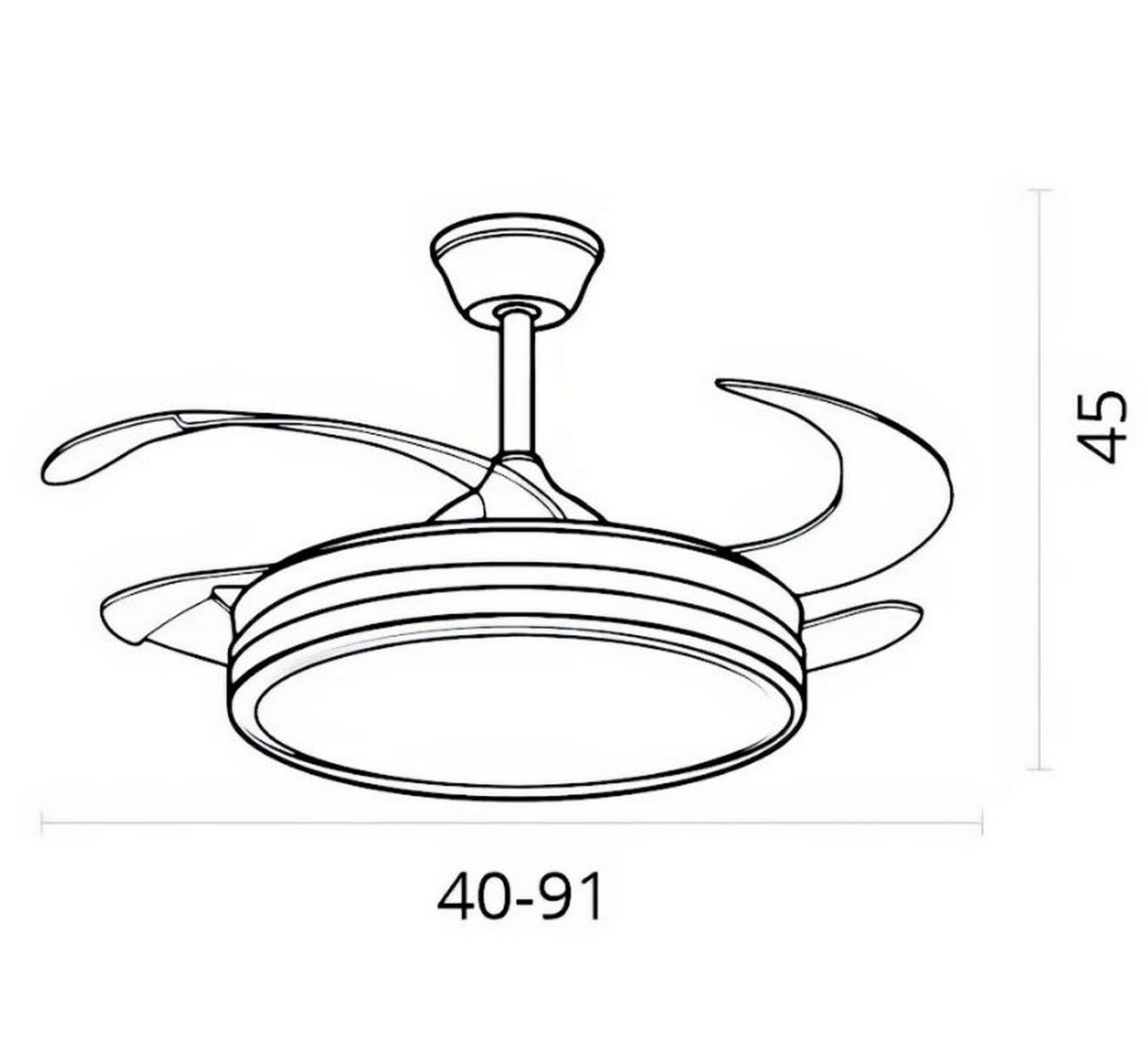 Dibujo lineal de ventilador de techo con cuatro aspas curvas, luz central y dimensiones: 40-91 cm ancho, 45 cm alto.