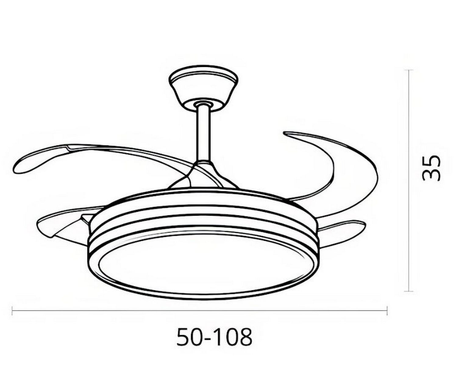 Dibujo lineal de un ventilador de techo con dimensiones. El ventilador tiene aspas curvas y luz.