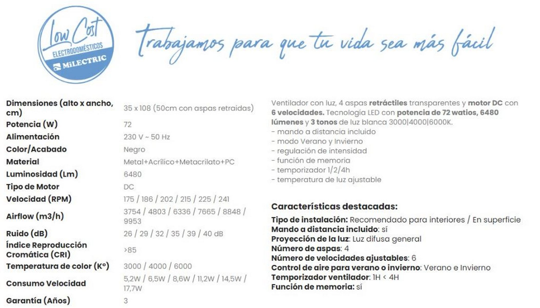 Tabla de especificaciones técnicas en español, fondo blanco.