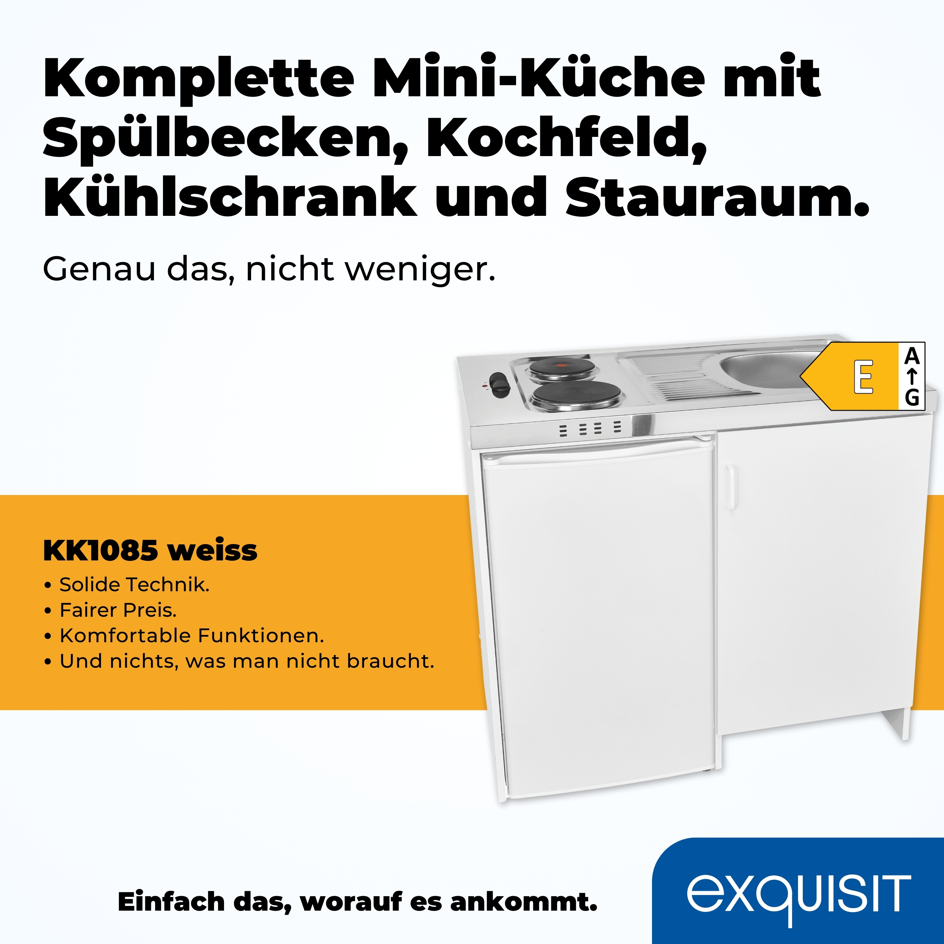 Weiße Mini-Küche mit Spüle, Kochfeld, Kühlschrank und Stauraum. Text: 'weiß KK1085'.