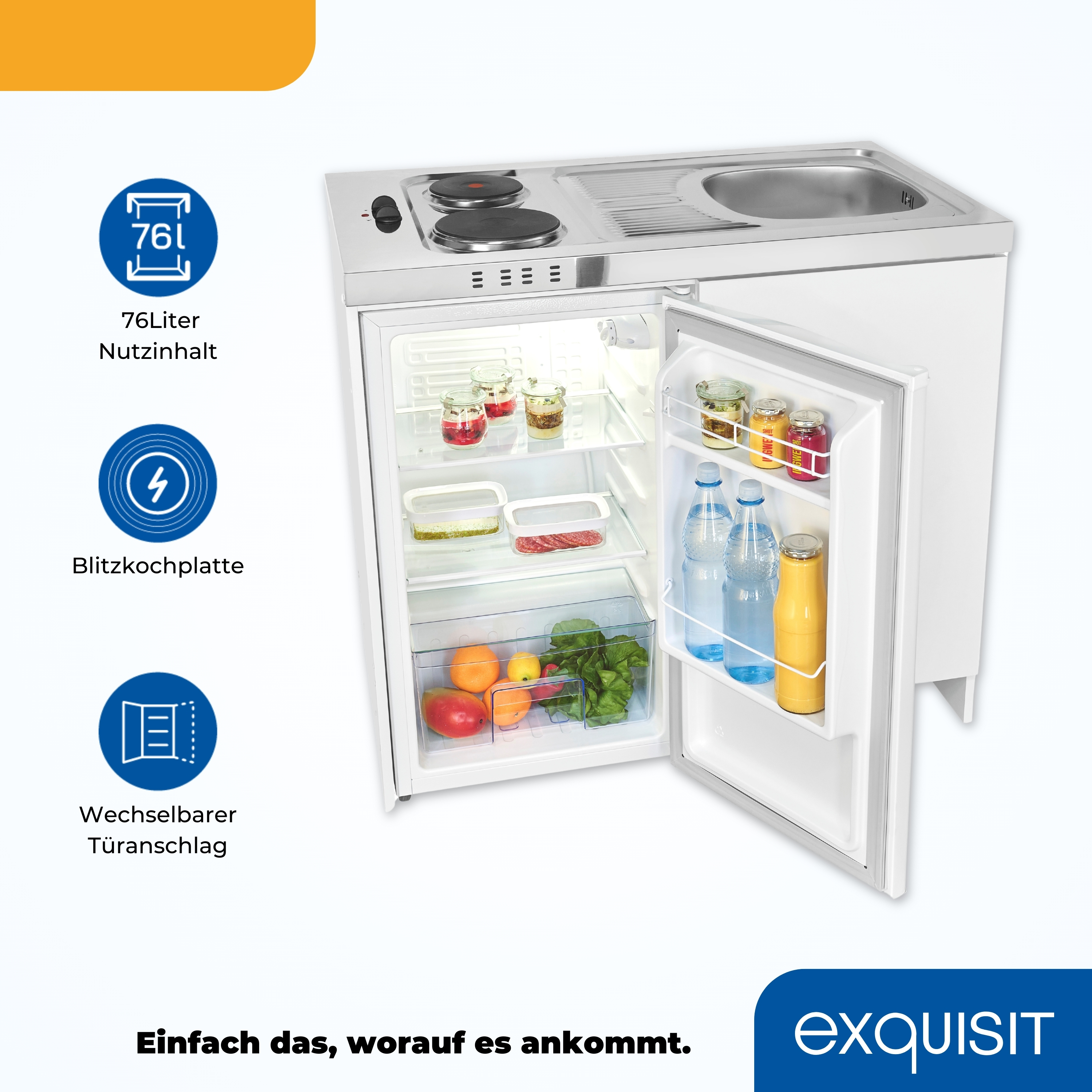 Kleines Küchengerät mit Kühlschrank, Herd und Spüle. Geöffnet mit Essen drin.