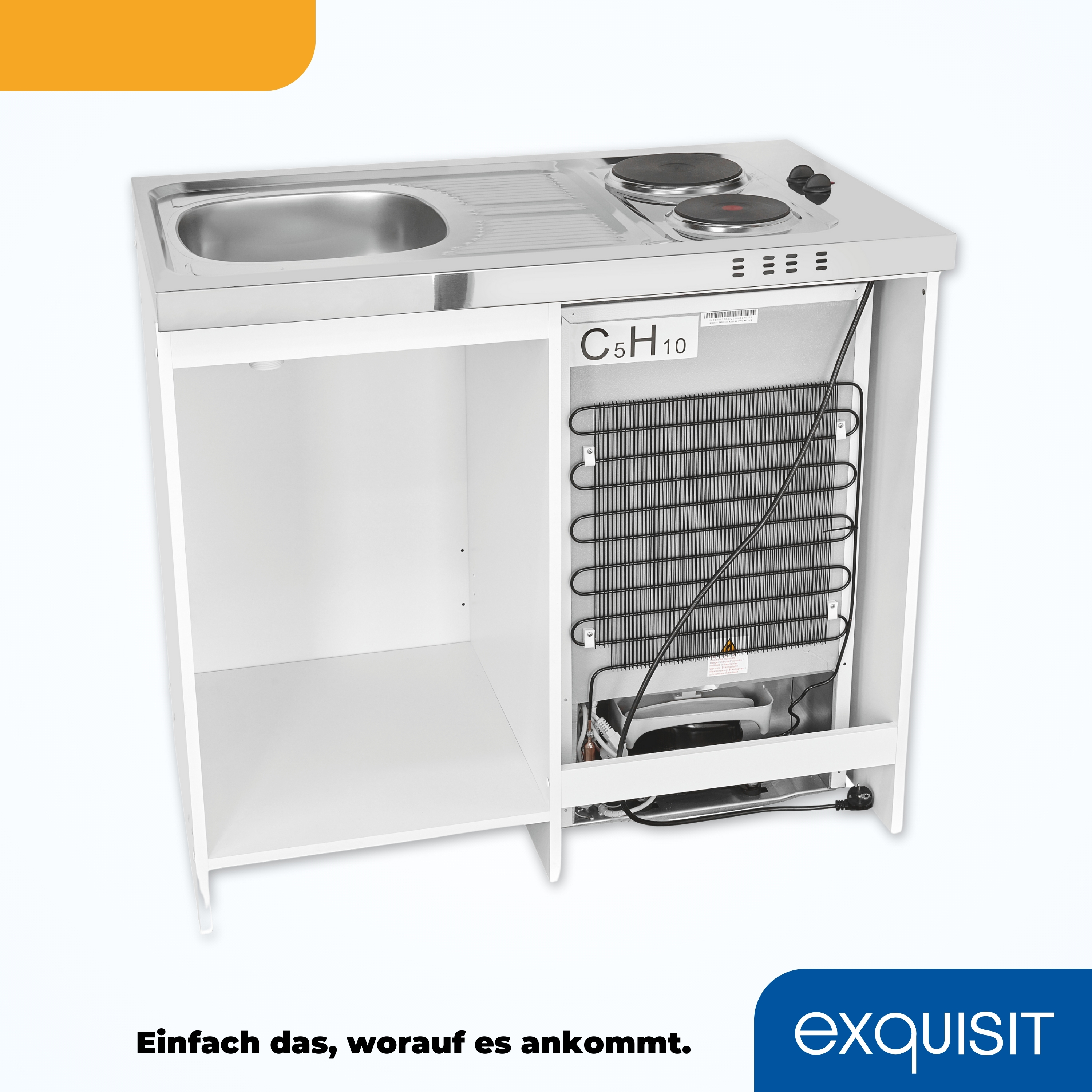 Weißer Schrank mit Spüle, Kochfeld und Kühlschrank, Rückansicht mit Komponenten.