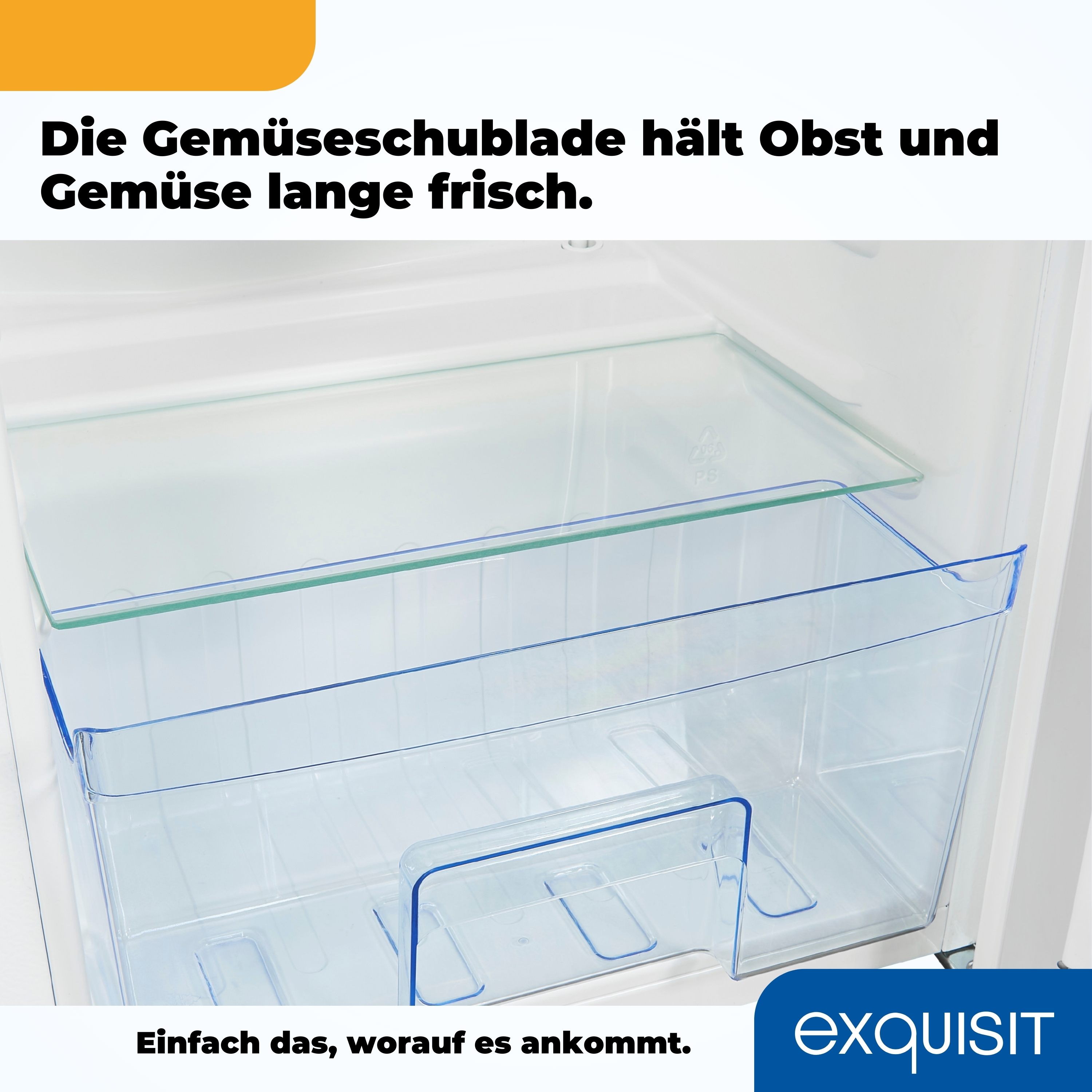 Innenraum eines Kühlschranks mit Regalen und Schubladen, mit Text oben und unten.