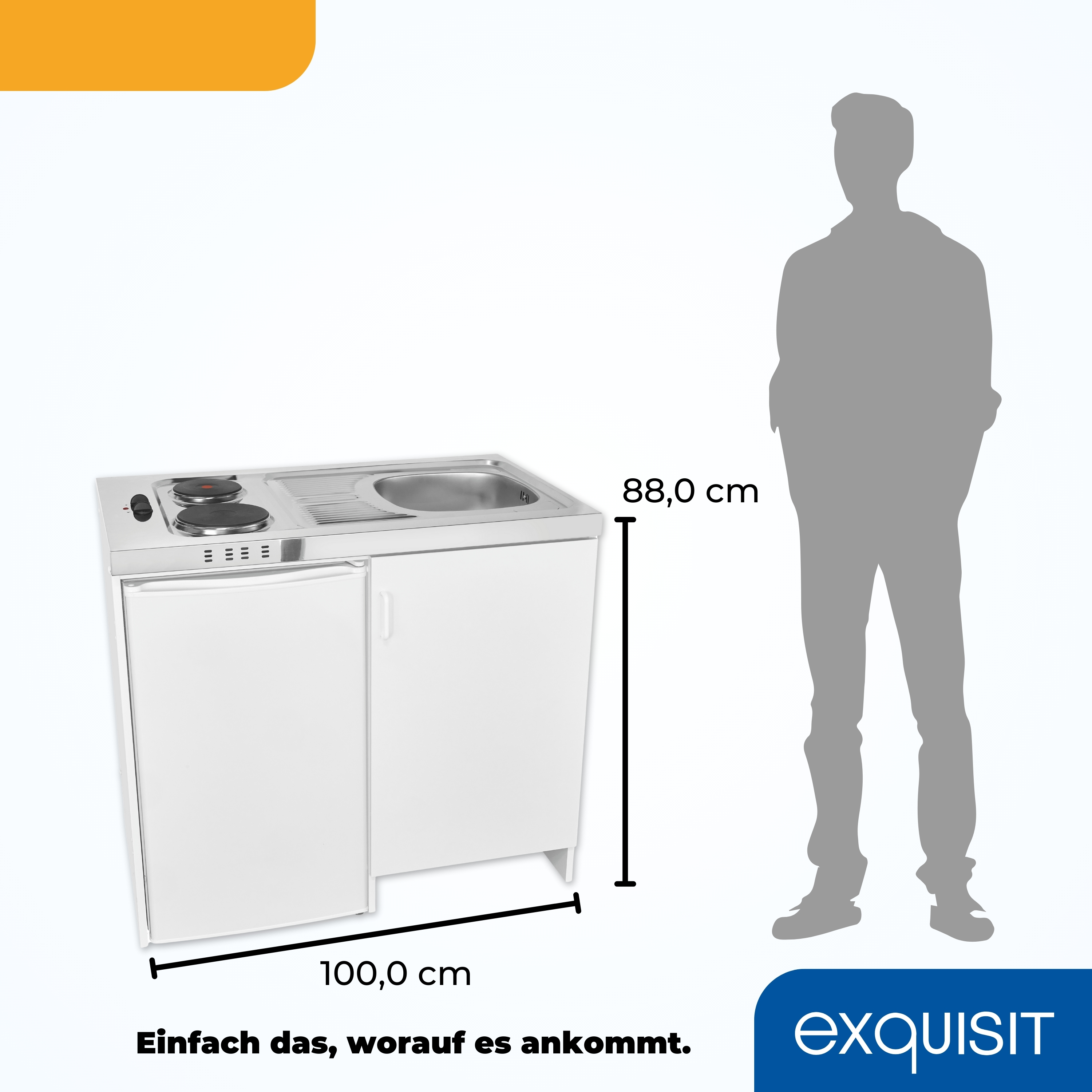 Eine weiße Mini-Küche mit Spüle, Herd und Kühlschrank, daneben eine menschliche Silhouette.