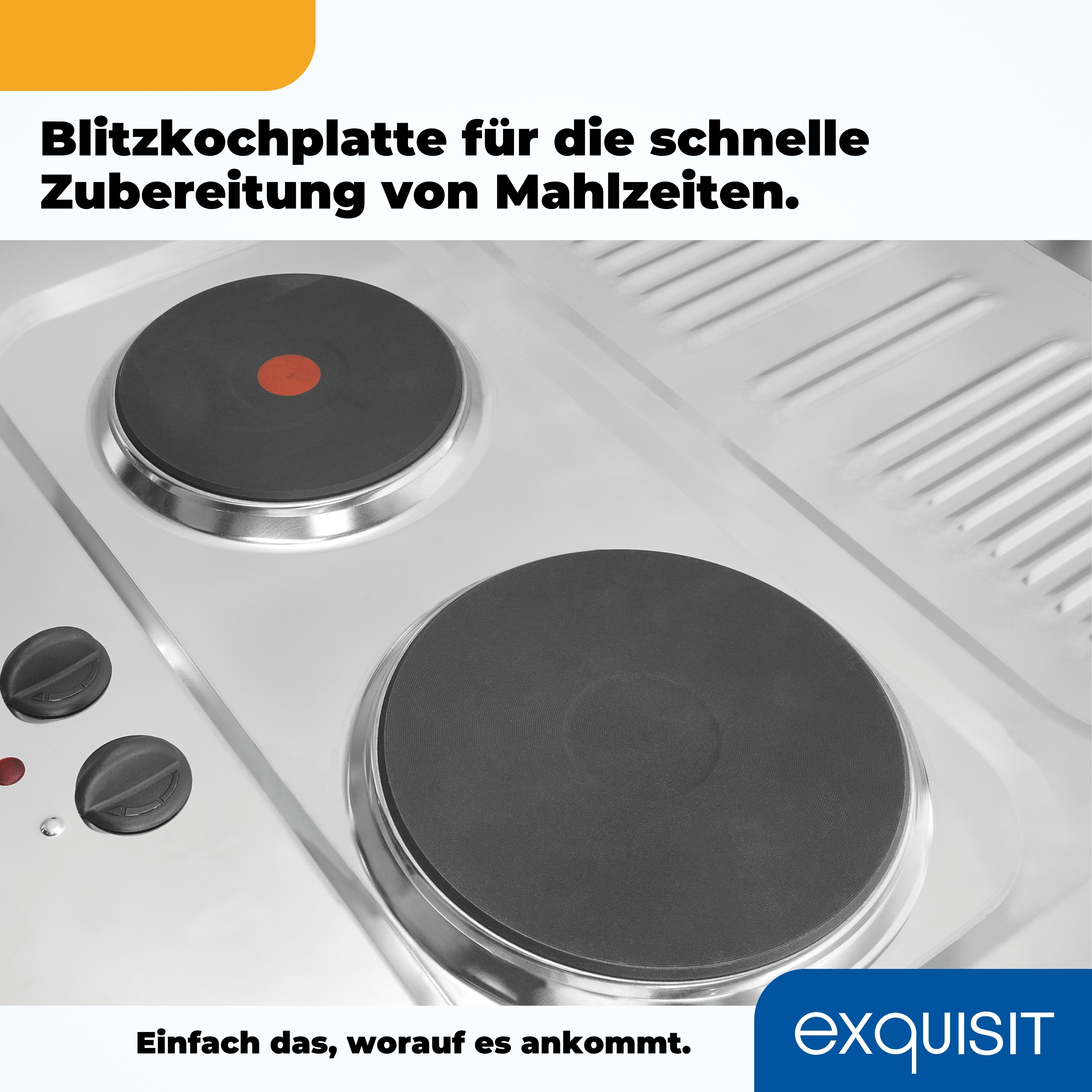 Edelstahl-Kochfeld mit zwei schwarzen Kochfeldern und Bedienknöpfen.