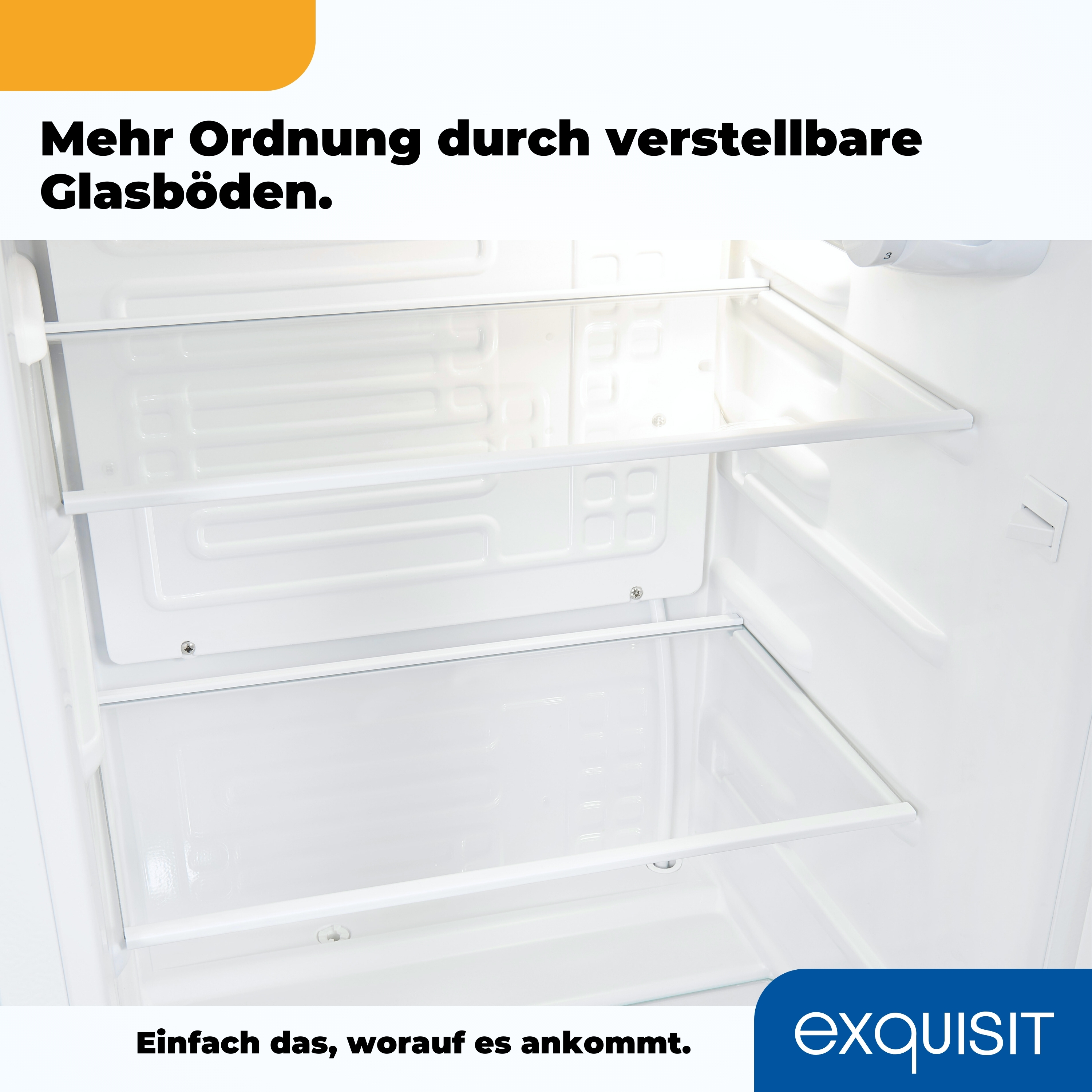 Innerhalb eines weißen Kühlschranks mit Glasböden, Text: Mehr Ordnung durch verstellbare Glasböden.