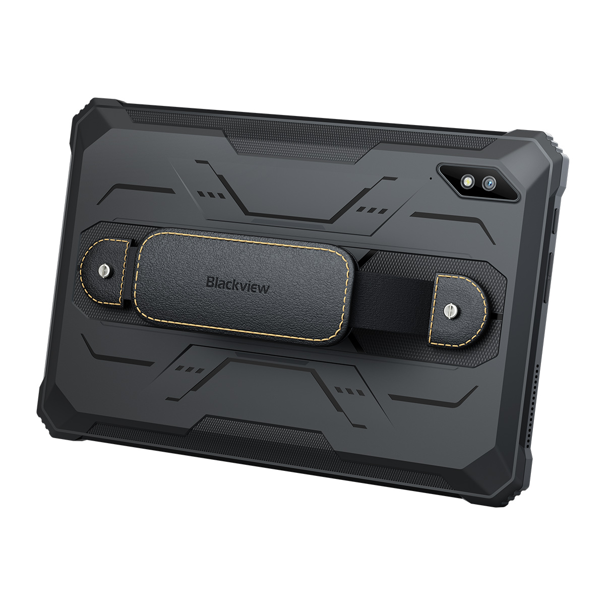Robuuste zwarte tablet met leren handvat en camera's aan de achterkant.