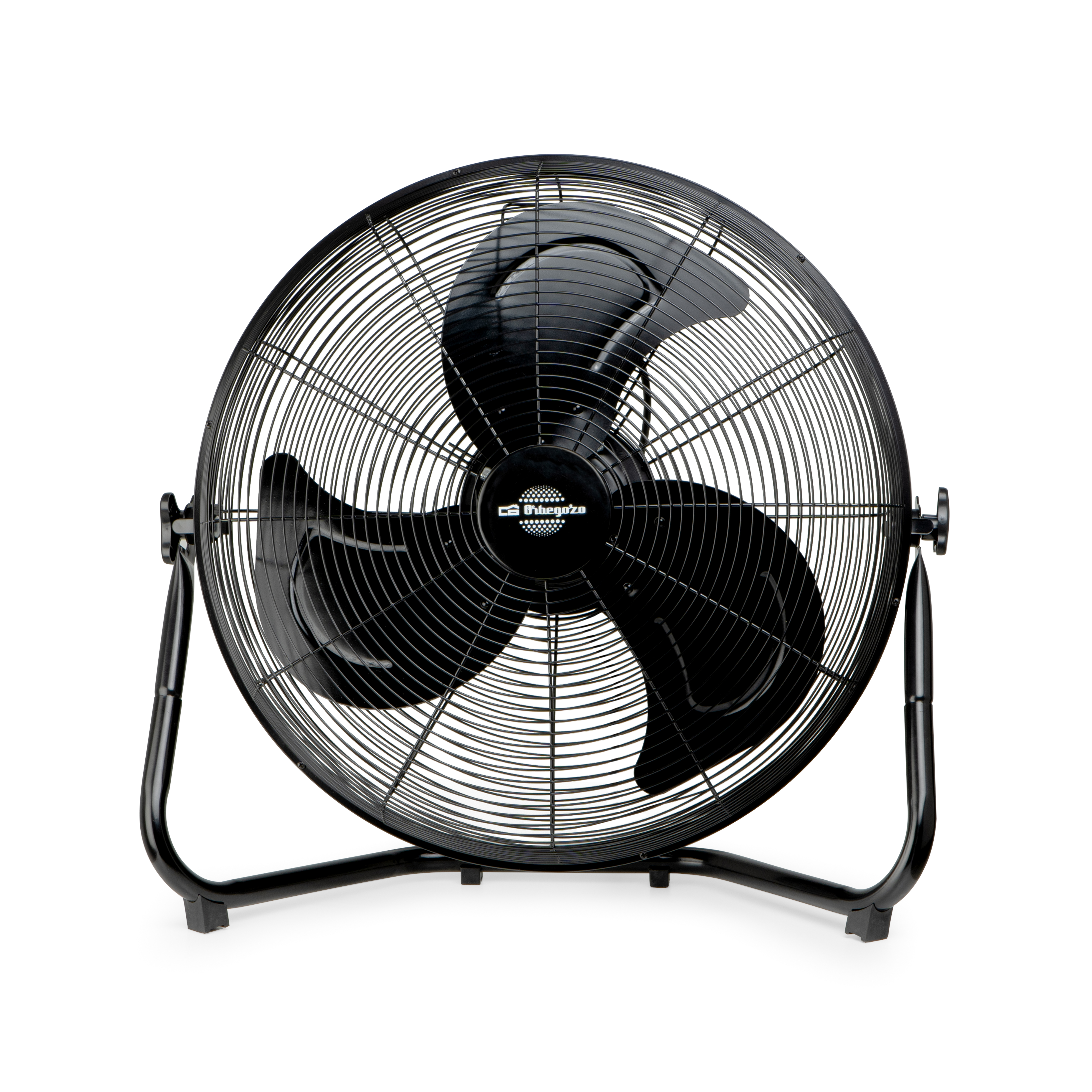 Ventilador Tripeza negro con tres aspas, con marco y base negros, sobre fondo blanco.