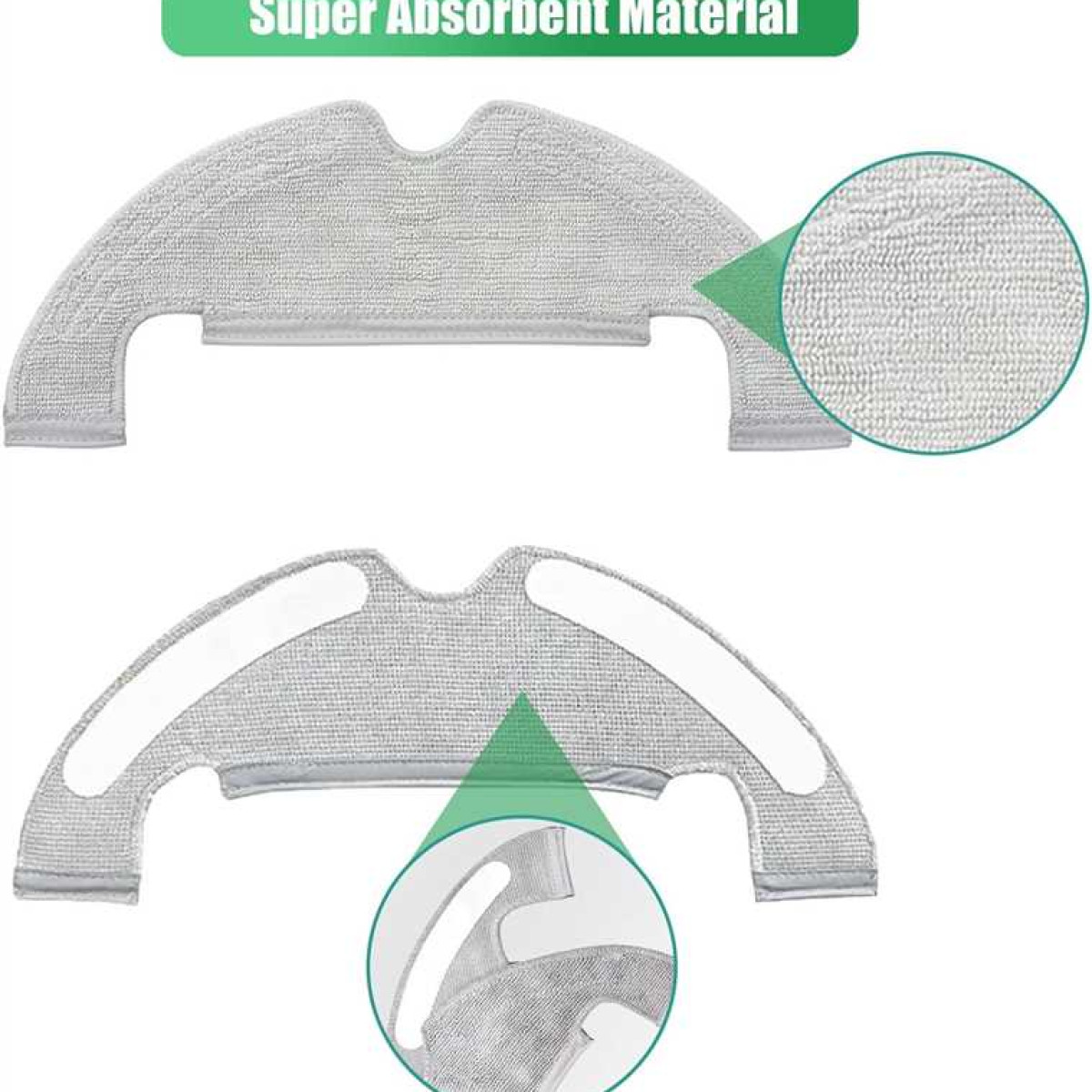 Dwie białe nakładki do mopa z tekstem "Super Absorbent Material" i powiększonym detalem.