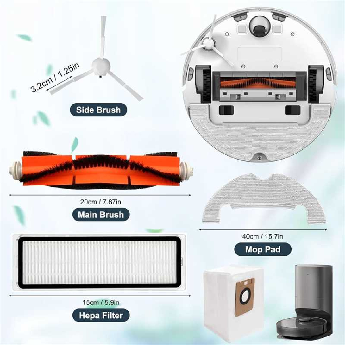 Części robota sprzątającego: szczotka boczna, szczotka główna, filtr Hepa, mop, worek i odkurzacz.