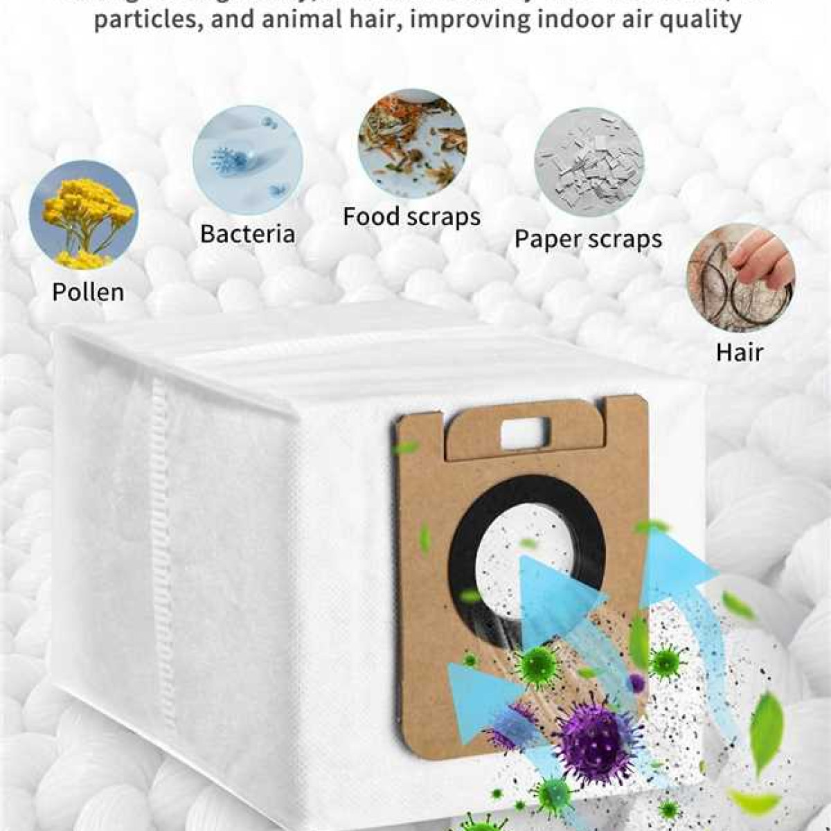 Worek do odkurzacza z filtrem. Ilustracje pyłków, bakterii, żywności, papieru i włosów.