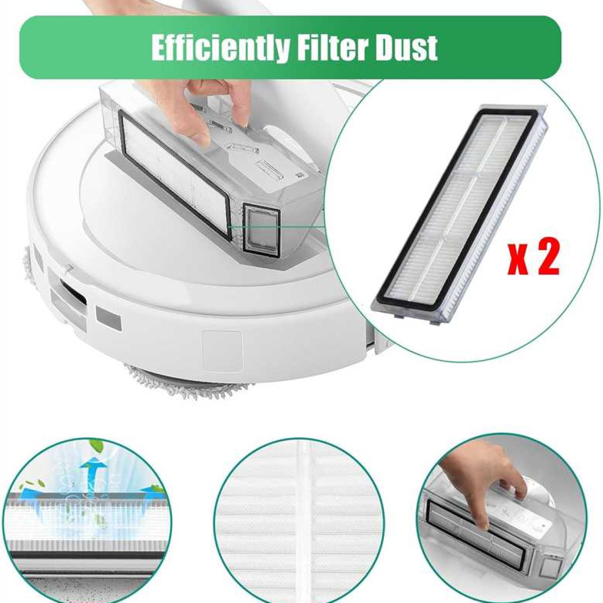 Odkurzacz robot z detalem filtra.  Pokazano dwa filtry zamienne, z tekstem: x 2.