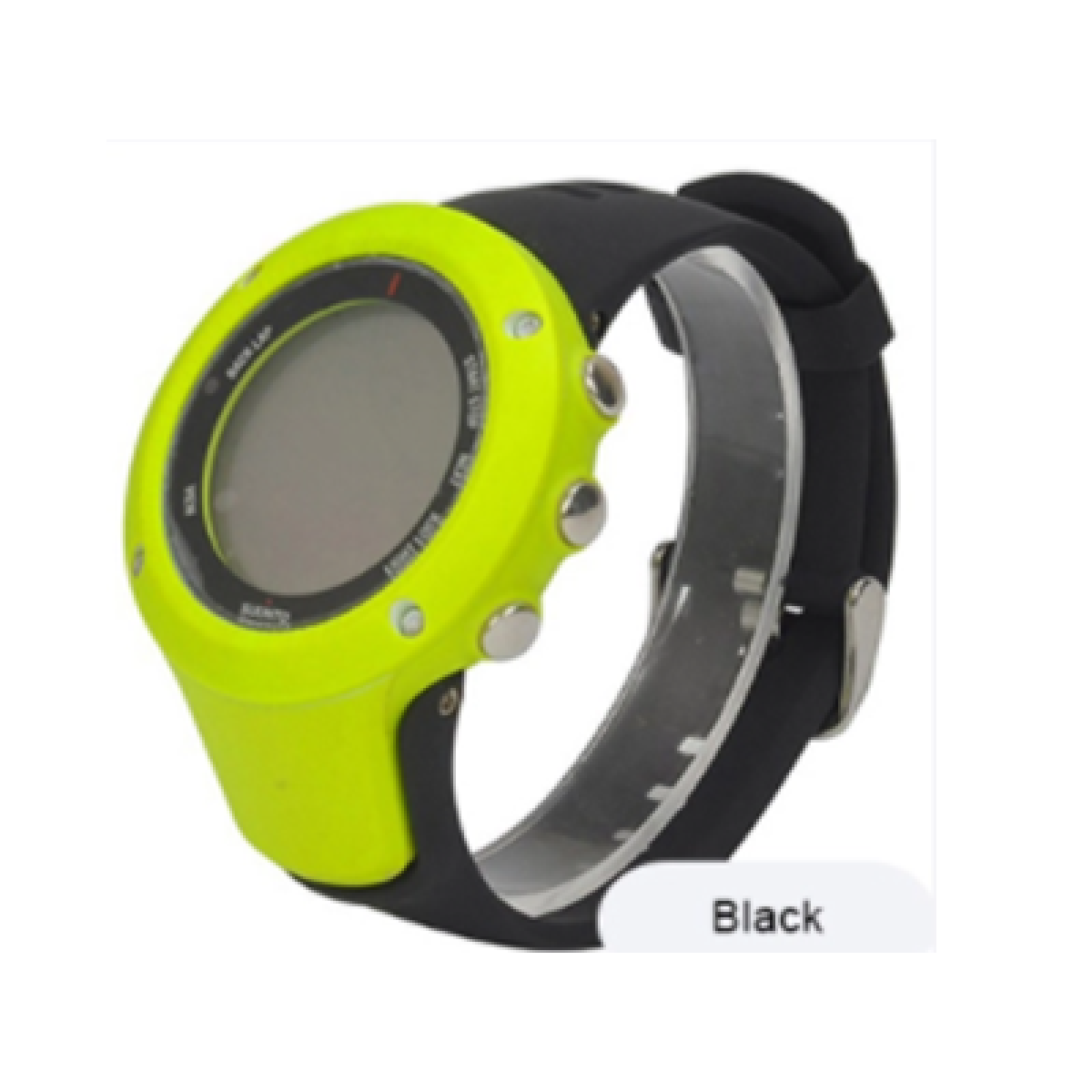 Orologio sportivo giallo e nero con cinturino nero e sfondo bianco.
