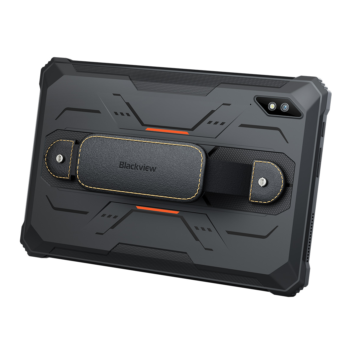 Robuust zwart tablet met leren handriem en dubbele camera's achteraan.