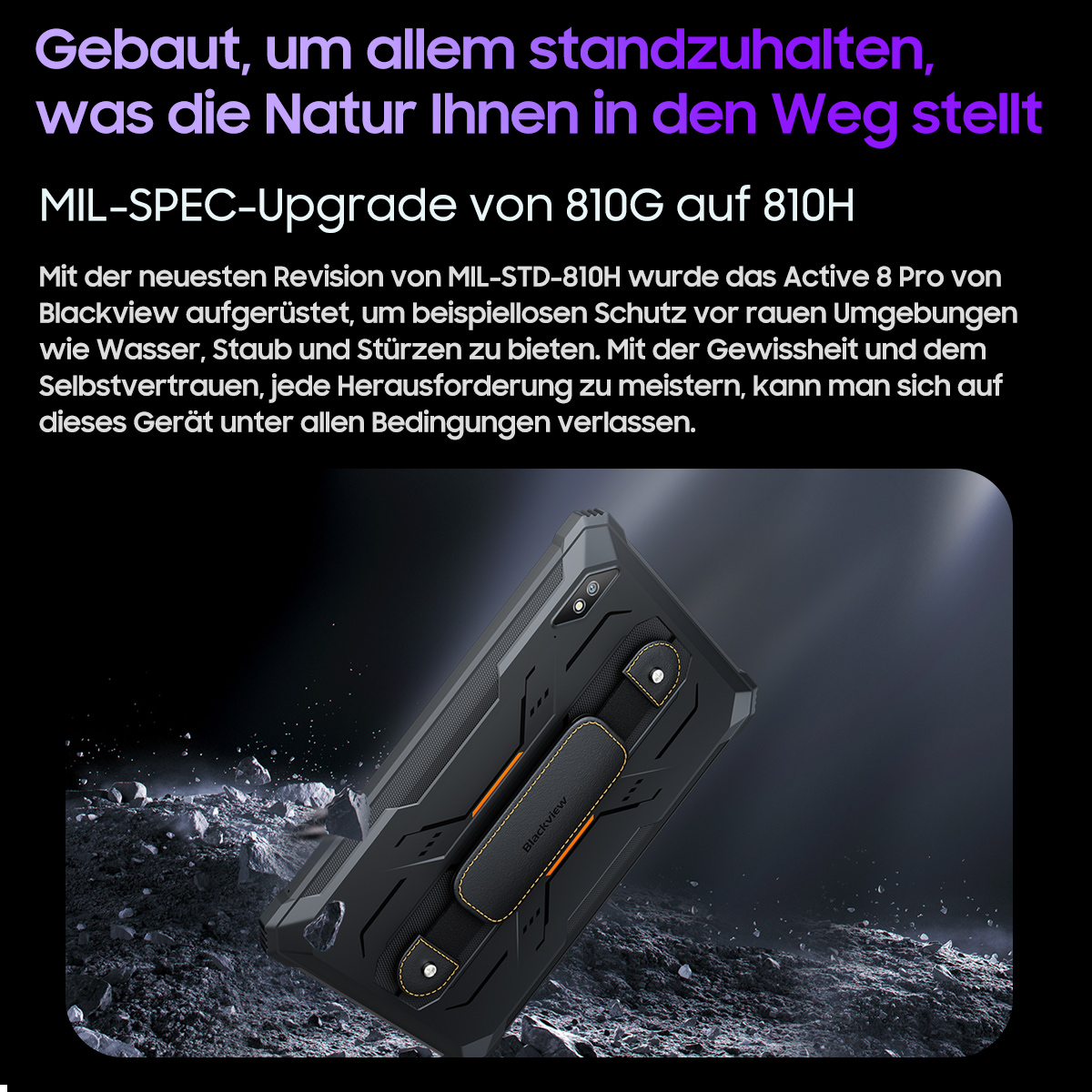 Blackview-Handyhülle. Schwarzes und oranges Design. Liegt auf felsigem Untergrund. Text auf Deutsch.