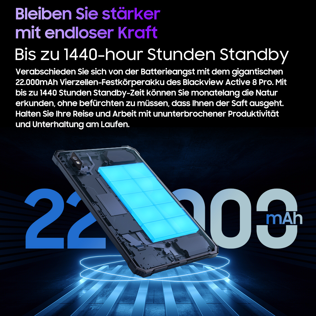 Smartphone mit blau beleuchtetem Akku. Text sagt 'stärker mit endloser Kraft' und '22000 mAh'.