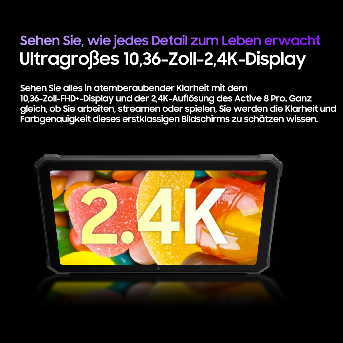 Ein Tablet zeigt bunte Süßigkeiten und den Text '2.4K'. Schwarzer Hintergrund mit deutschem Text oben.