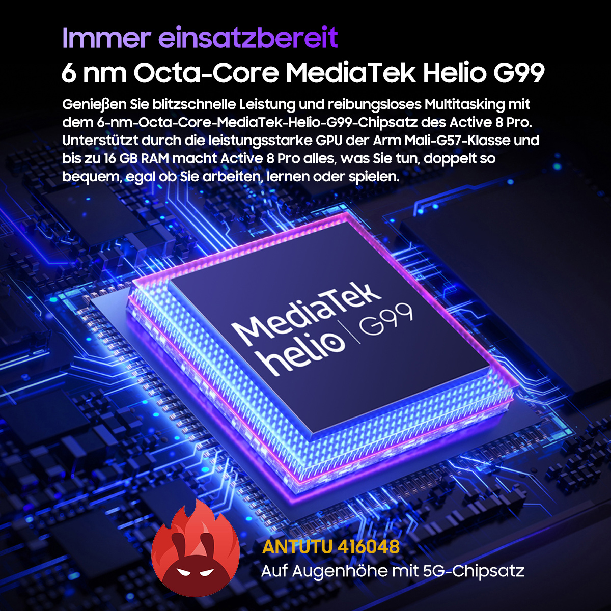 Ein Computerchip mit den Worten MediaTek Helio G99. Es gibt Text um den Chip herum, der ihn bewirbt.