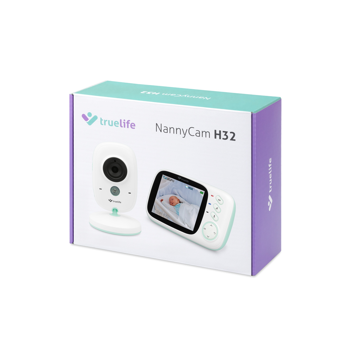 Babyfon-Box mit Monitor und Kamera, Box zeigt Bilder vom Monitor und hat Text.