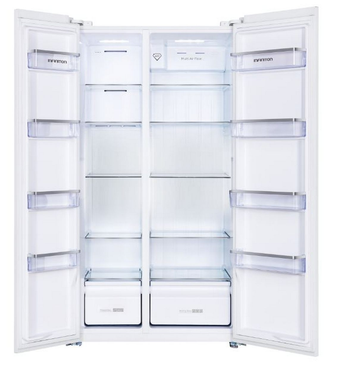Refrigerador blanco abierto con estantes, cajones y compartimentos en la puerta. El interior está brillantemente iluminado.