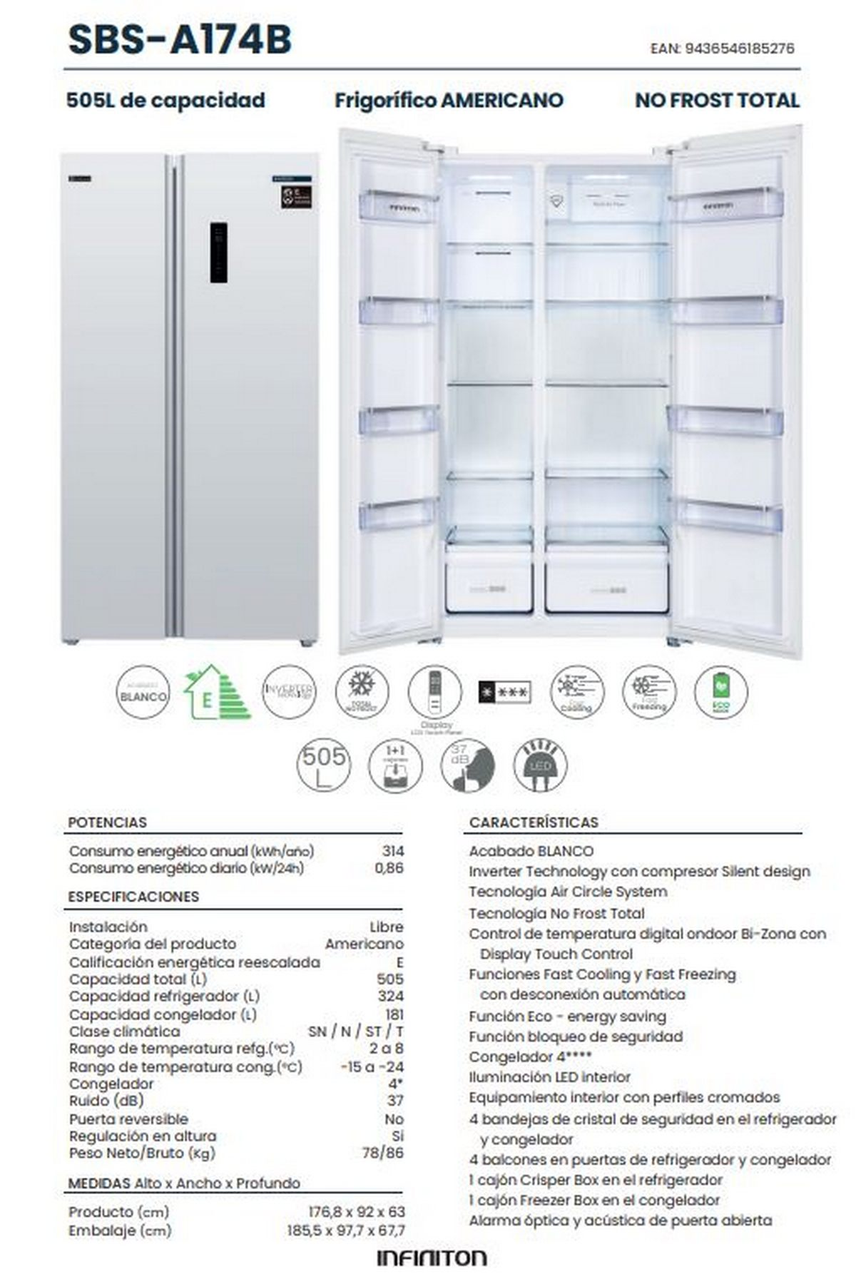 Refrigerador blanco de lado a lado con puertas abiertas, mostrando estantes y componentes internos. Texto y especificaciones abajo.