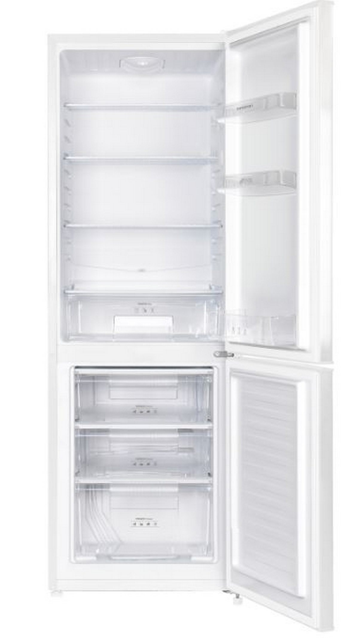 Refrigerador blanco abierto. Interior con estantes, cajones y compartimentos de plástico transparente.