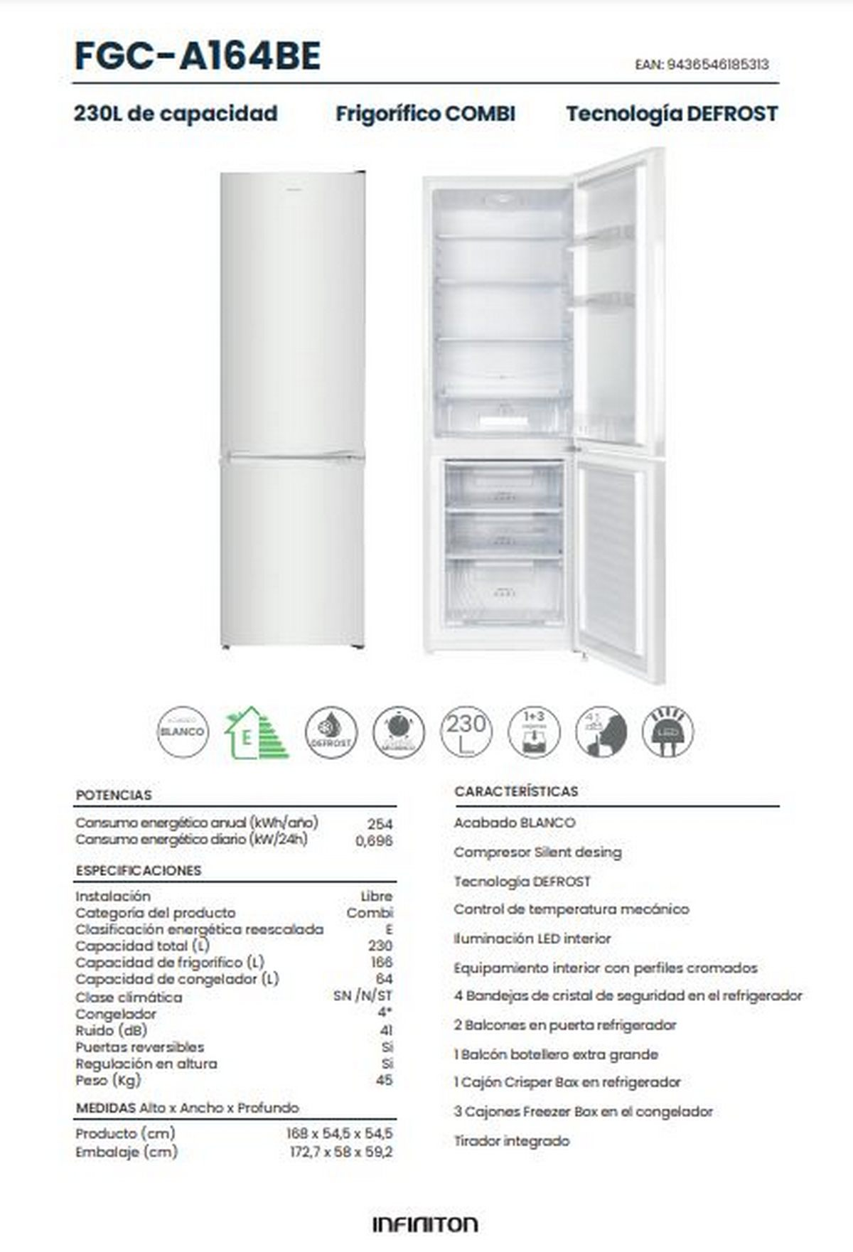 Frigorífico-congelador blanco con dos puertas abiertas. Estantes y cajones interiores visibles. Fondo blanco.