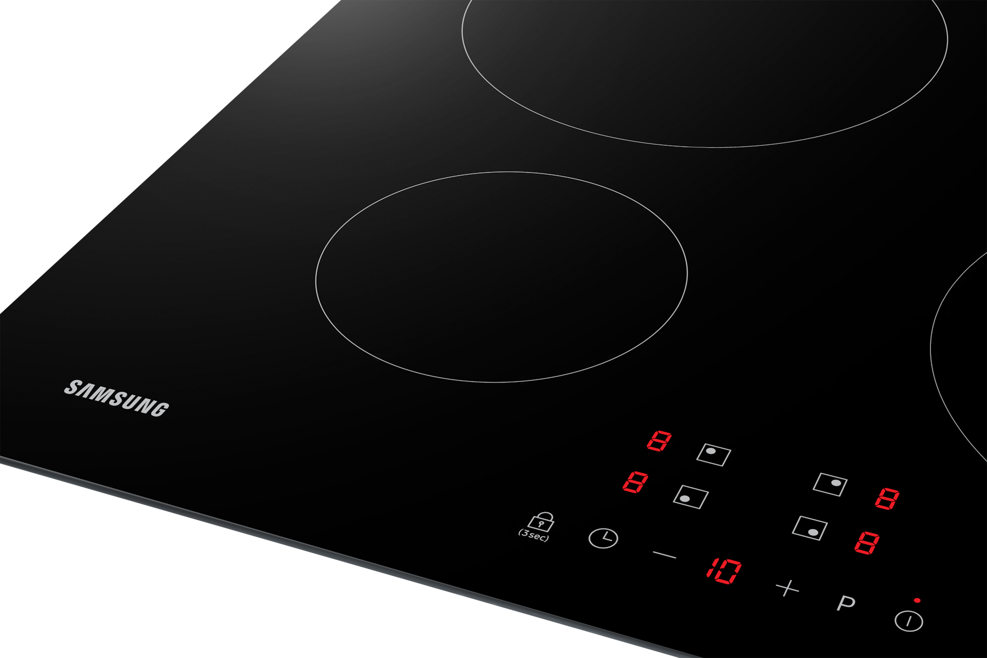 Czarna płyta indukcyjna z czterema strefami gotowania i czerwonym wyświetlaczem.