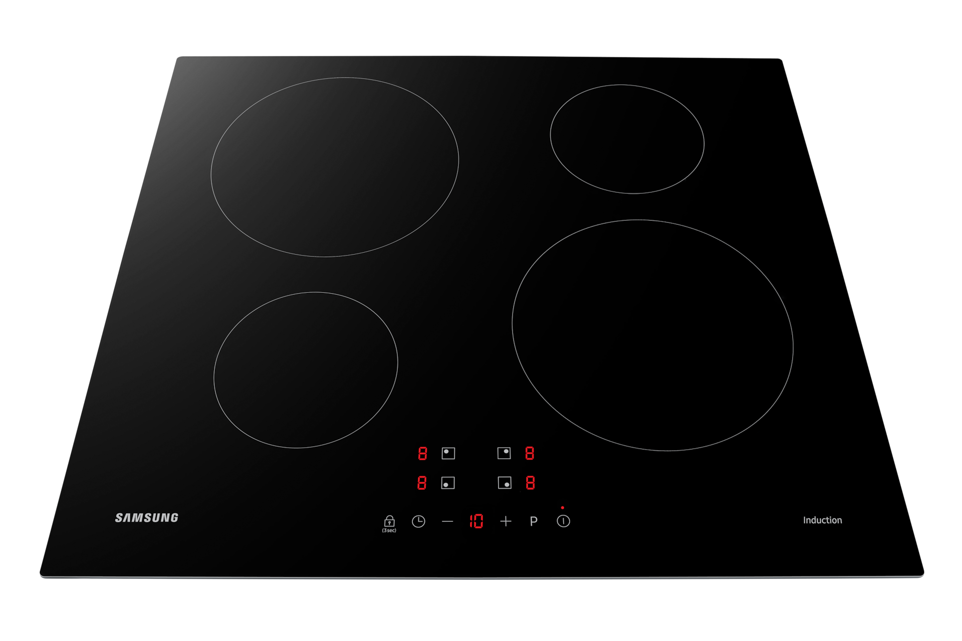 Czarna płyta indukcyjna z czterema palnikami, wyświetlaczem i przyciskami sterowania.