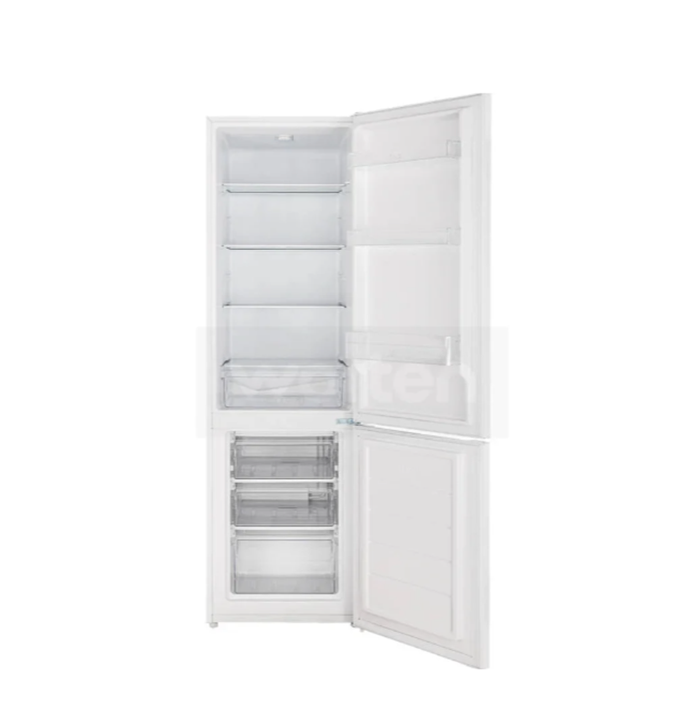 Refrigerador blanco con puerta abierta, mostrando estantes, cajones y compartimentos interiores. Fondo blanco.
