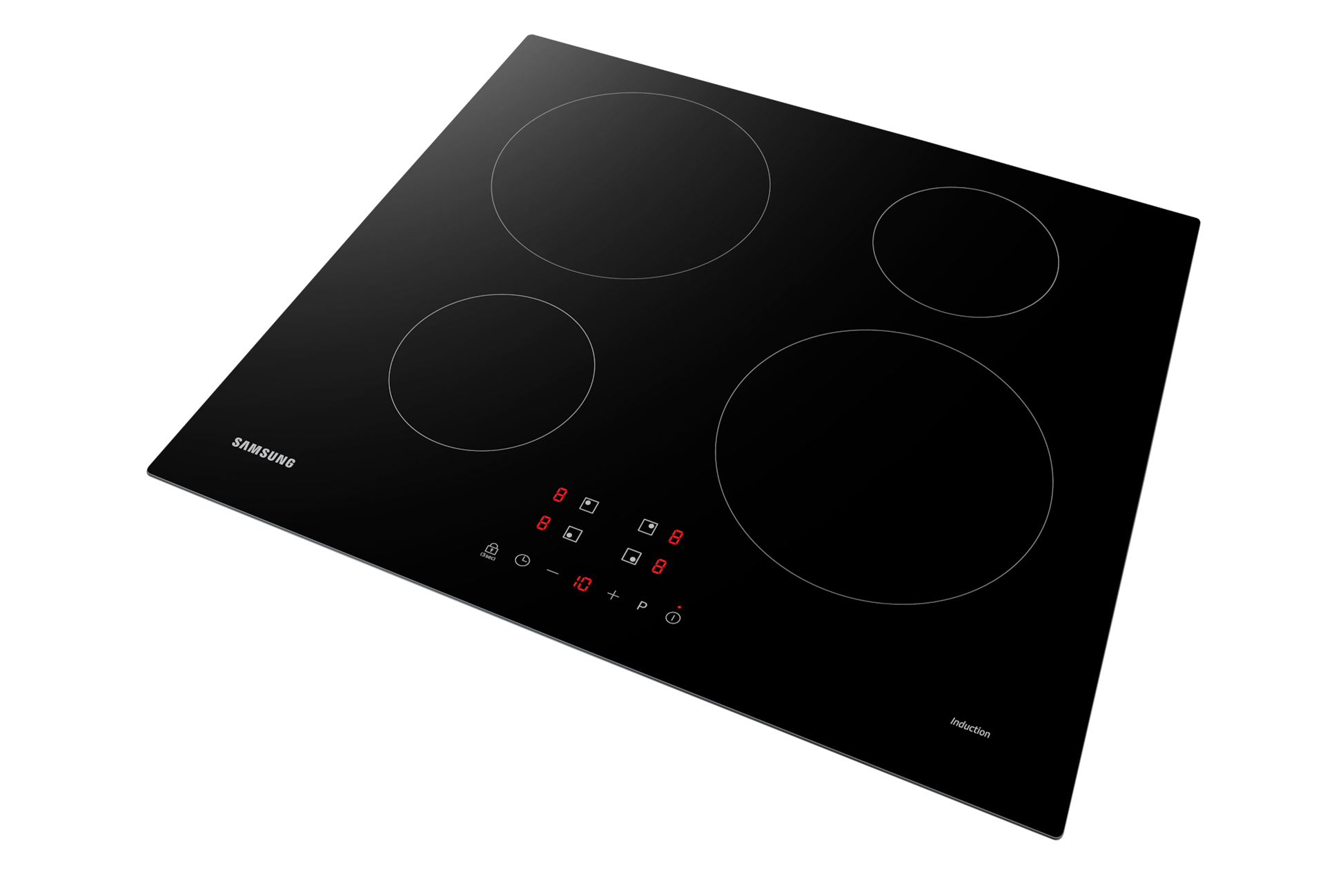 Czarna płyta indukcyjna Samsung z czterema okrągłymi strefami grzewczymi.