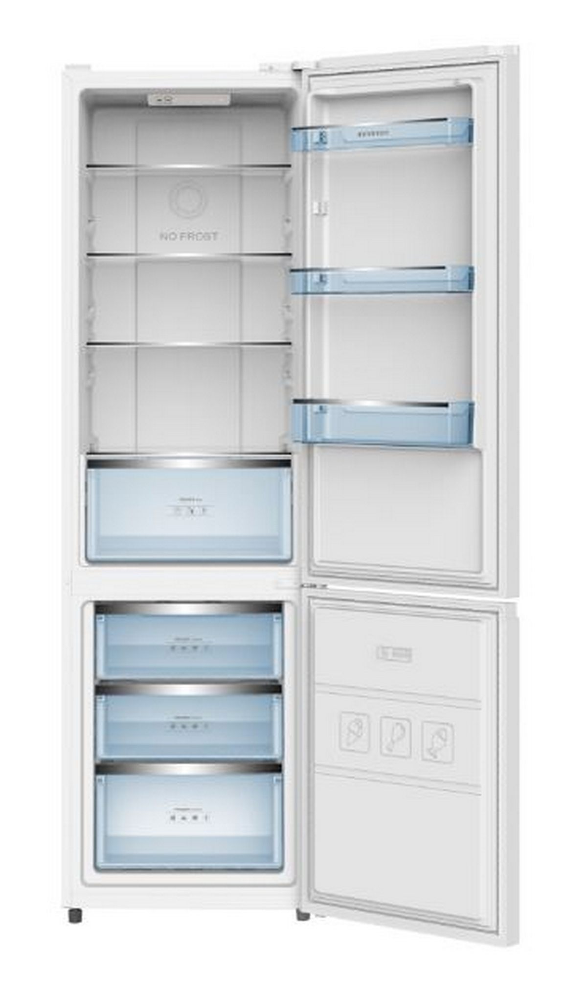 Refrigerador blanco con puerta abierta, mostrando estantes y cajones. Acentos azules en el interior. Fondo blanco.