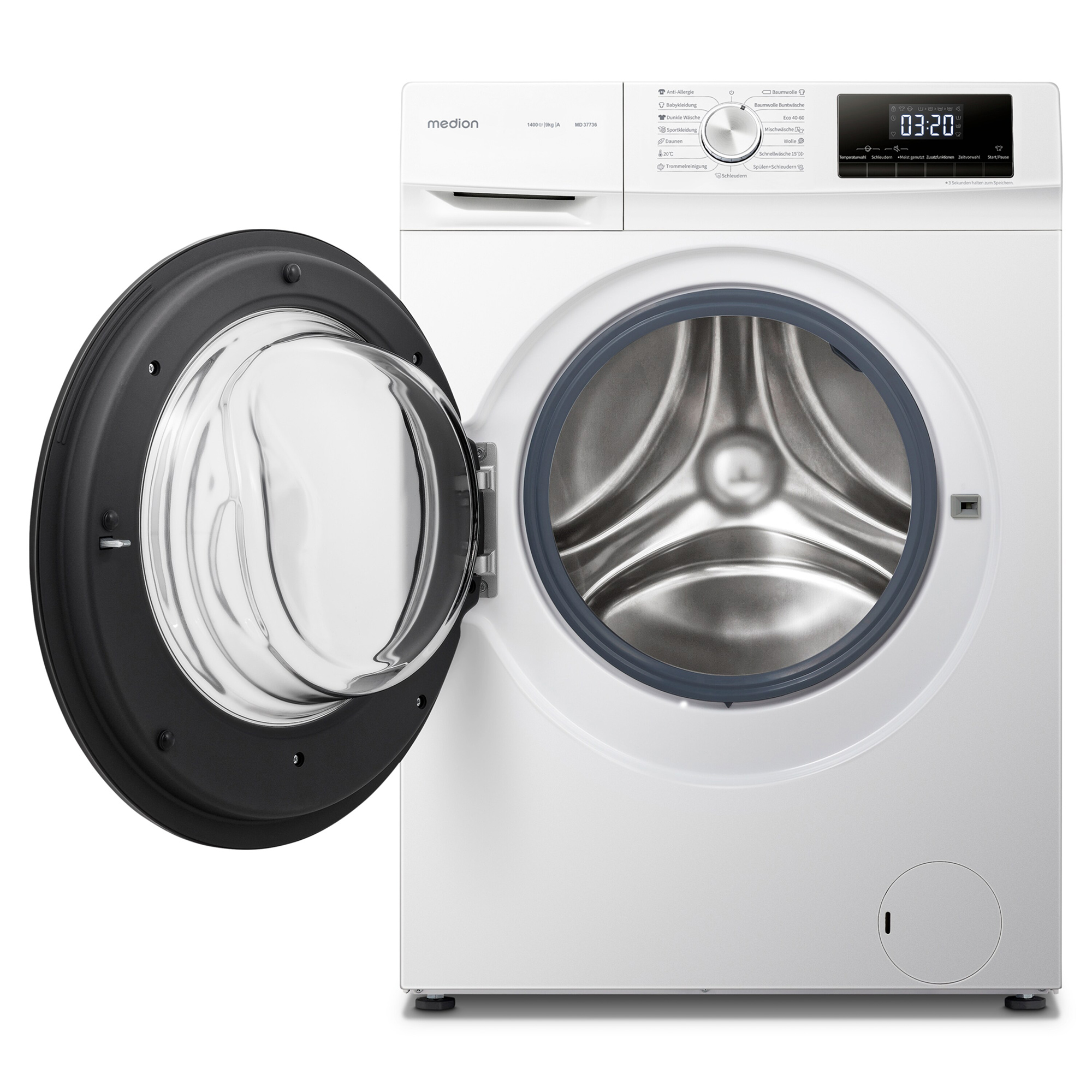Weiße Waschmaschine, Tür offen, Bedienelemente sichtbar. Modernes Design, sauber und hell.