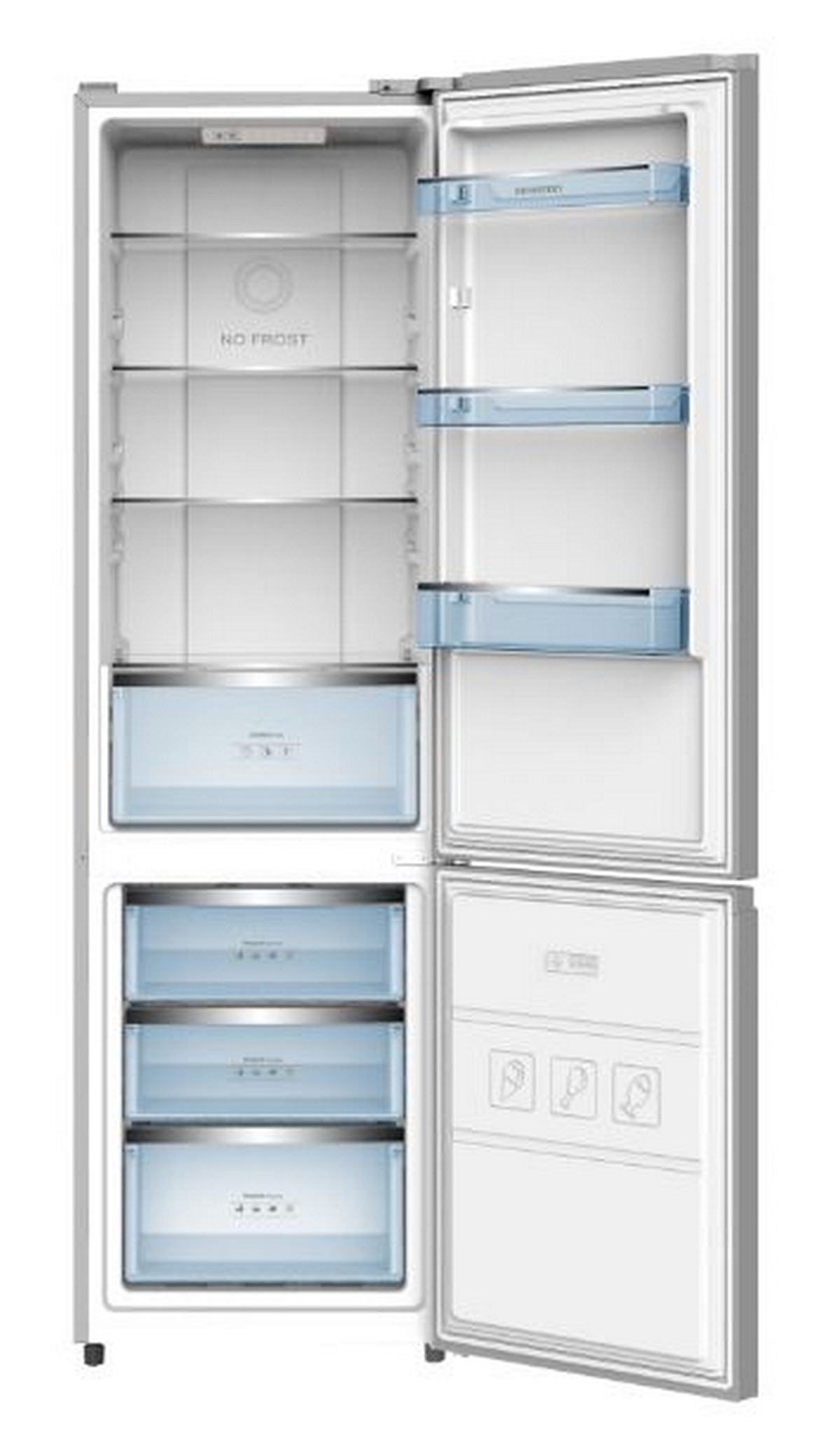 Un refrigerador con la puerta abierta. En el interior, hay estantes, cajones y una etiqueta 'NO FROST'.