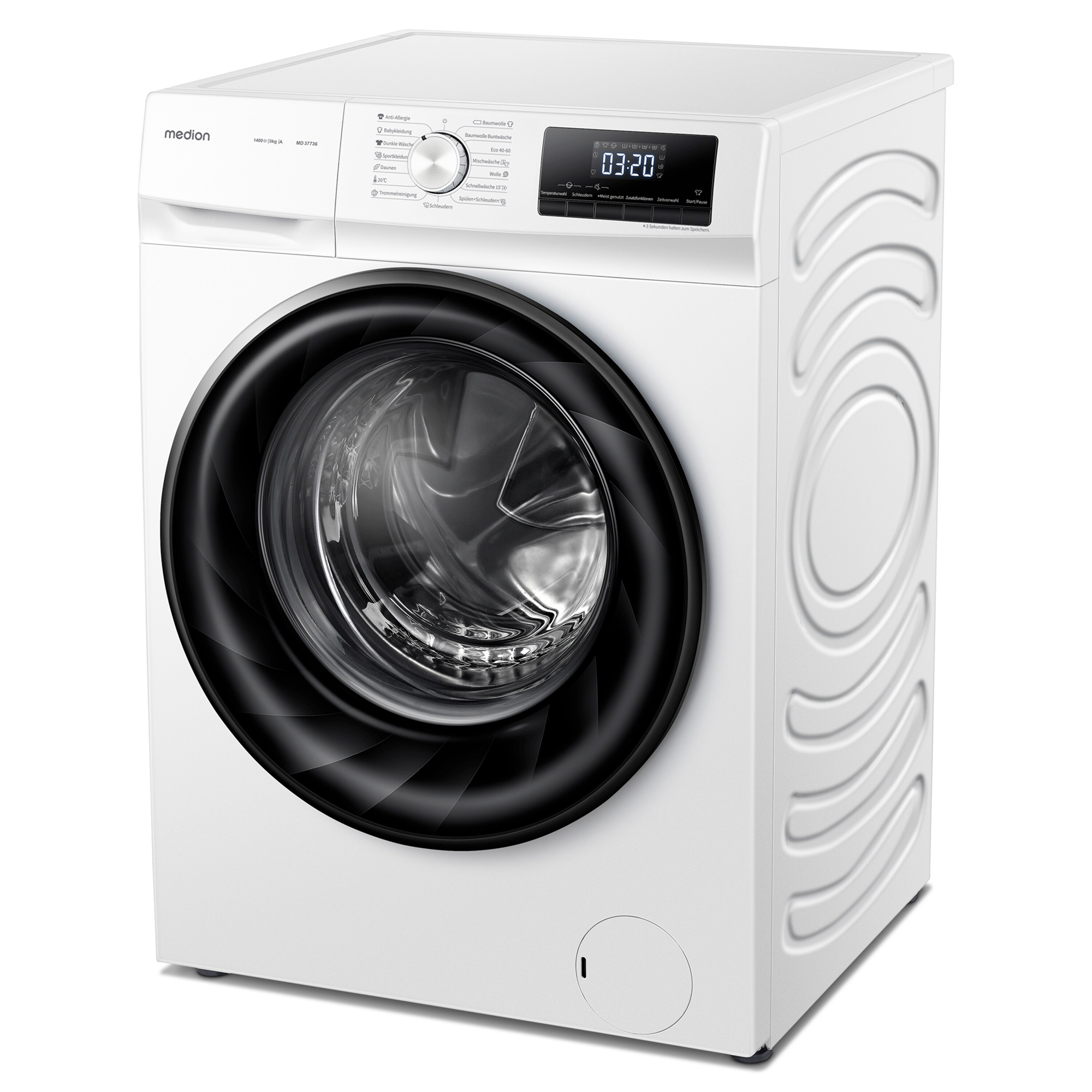 Eine weiße Waschmaschine mit schwarzer Tür und Bedienfeld.