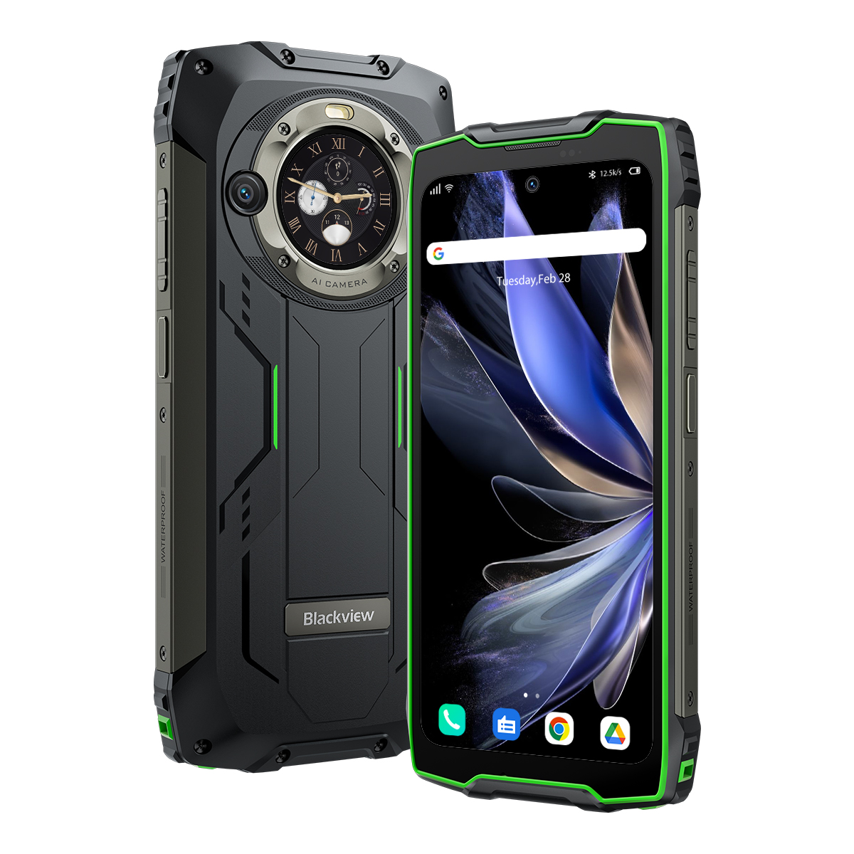 Smartphone negro resistente, dos vistas, con detalles verdes, triple cámara y logo Blackview.