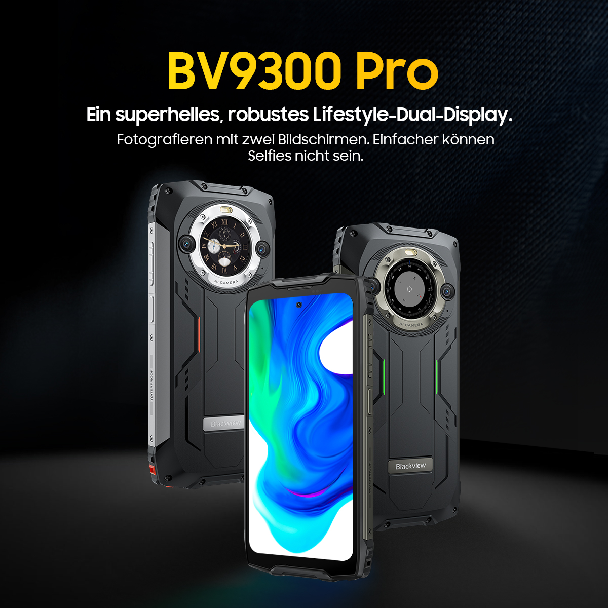 Zwei Blackview BV9300 Pro Smartphones mit Dual-Display in Grau und Schwarz.