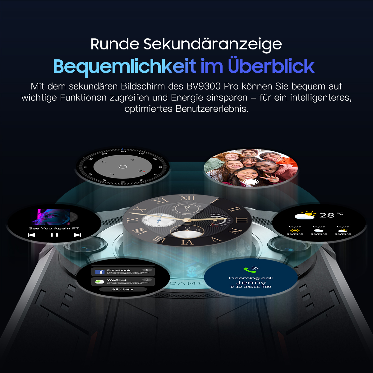 Eine Smartwatch zeigt Benachrichtigungen und Apps wie Kompass, Musik, Wetter und Anrufe an.