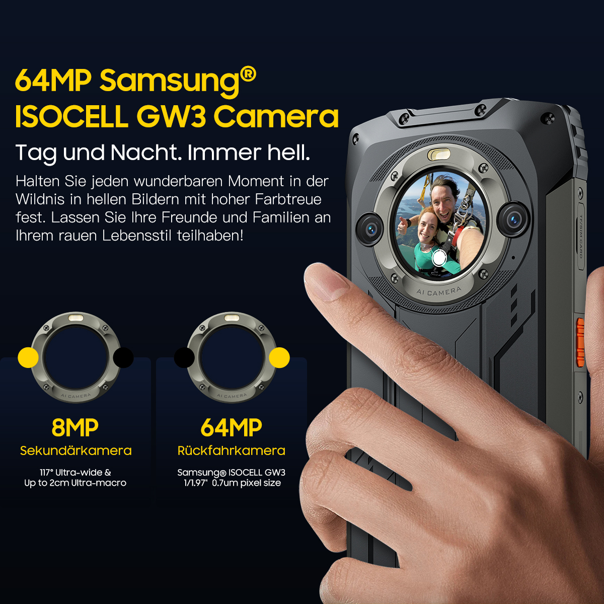 Ein Smartphone mit 64MP und 8MP Kameras, das die Rückseite zeigt.