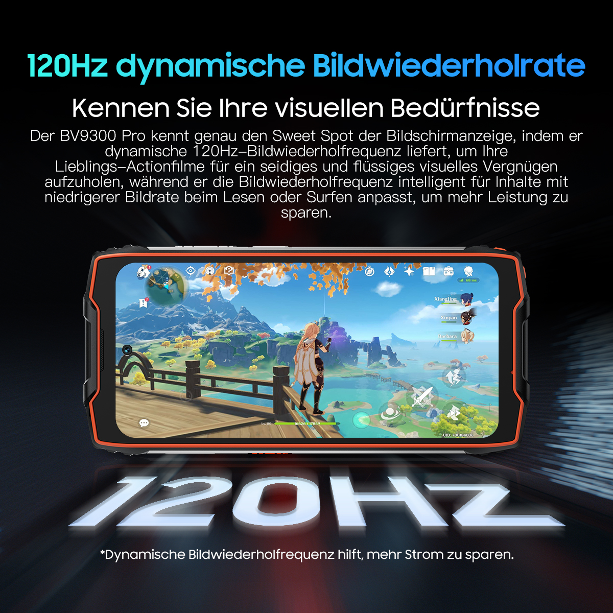 Ein Smartphone zeigt ein Spiel mit 120Hz dynamischer Bildwiederholrate.
