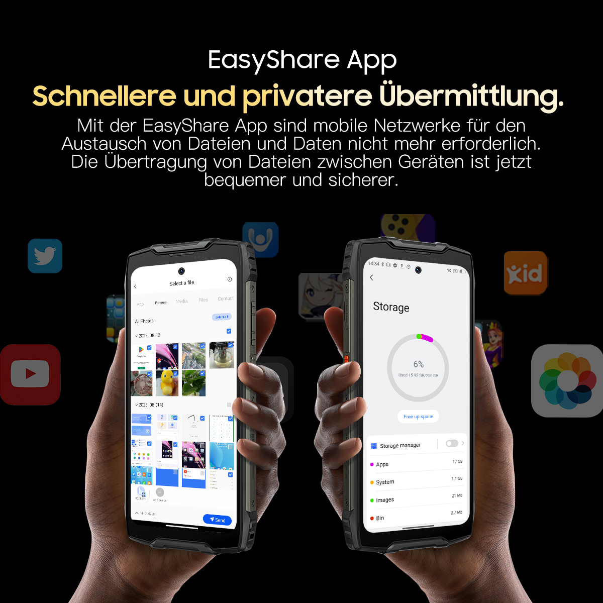Zwei Hände halten Smartphones. Eines zeigt Dateien, das andere Speicherplatz.