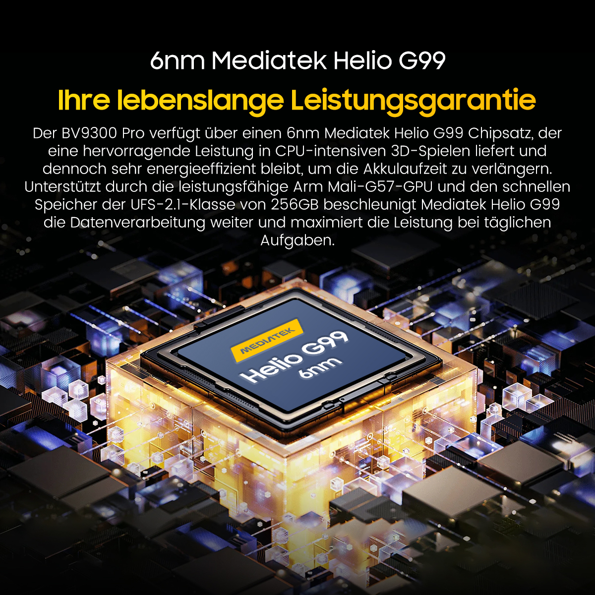 Ein Mediatek Helio G99 Chip mit blauer Oberseite auf einem leuchtenden Sockel.