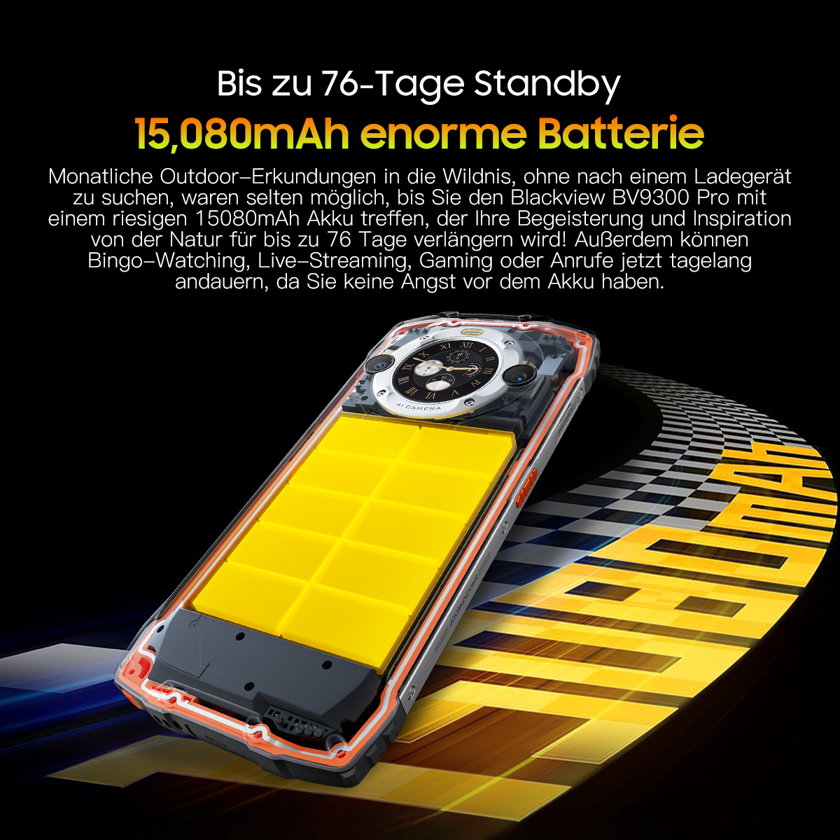 Ein robustes Smartphone mit grossem gelben Akku und Kamera. Standby bis 76 Tage.