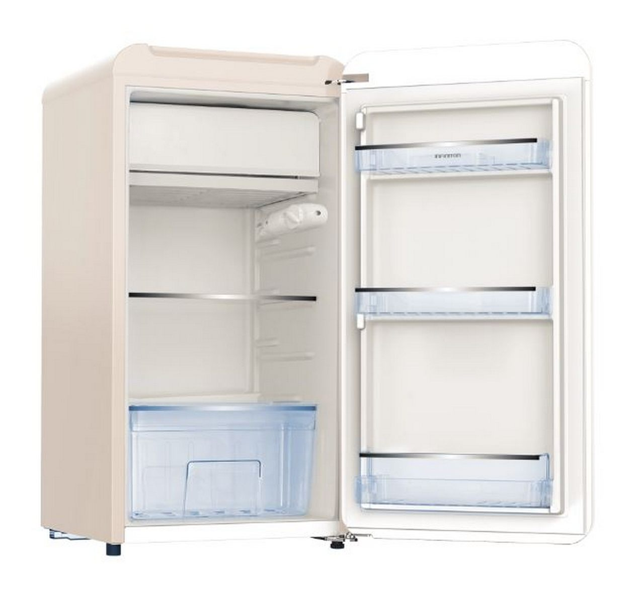 Interior de refrigerador beige pequeño, puerta abierta, con estantes, un cajón y una luz.