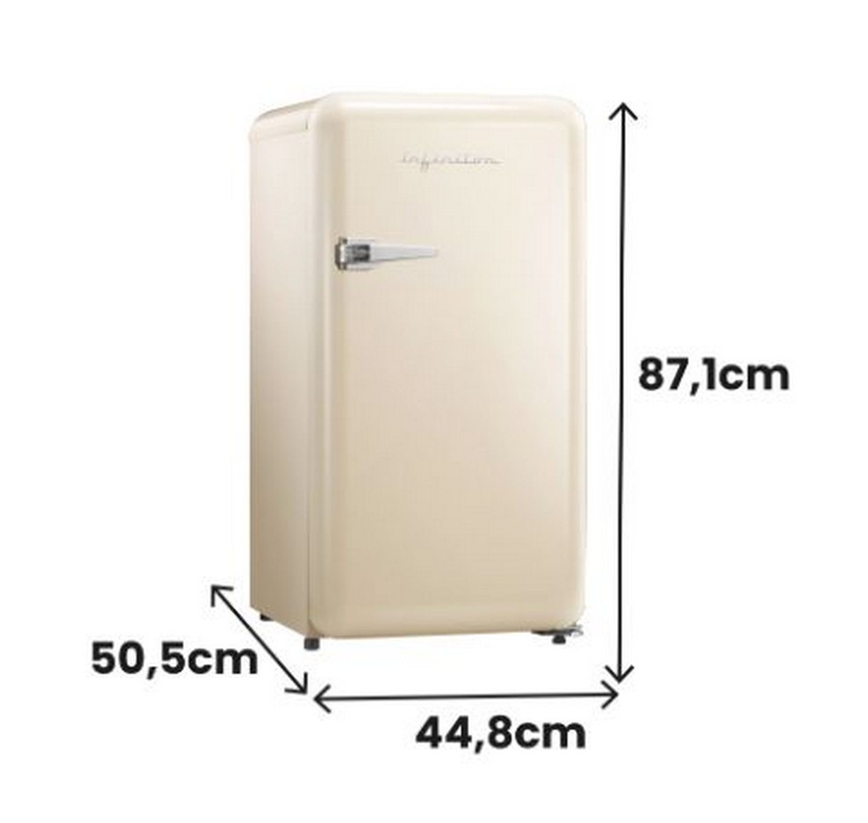 Un refrigerador beige de estilo retro. Las dimensiones se muestran en centímetros.