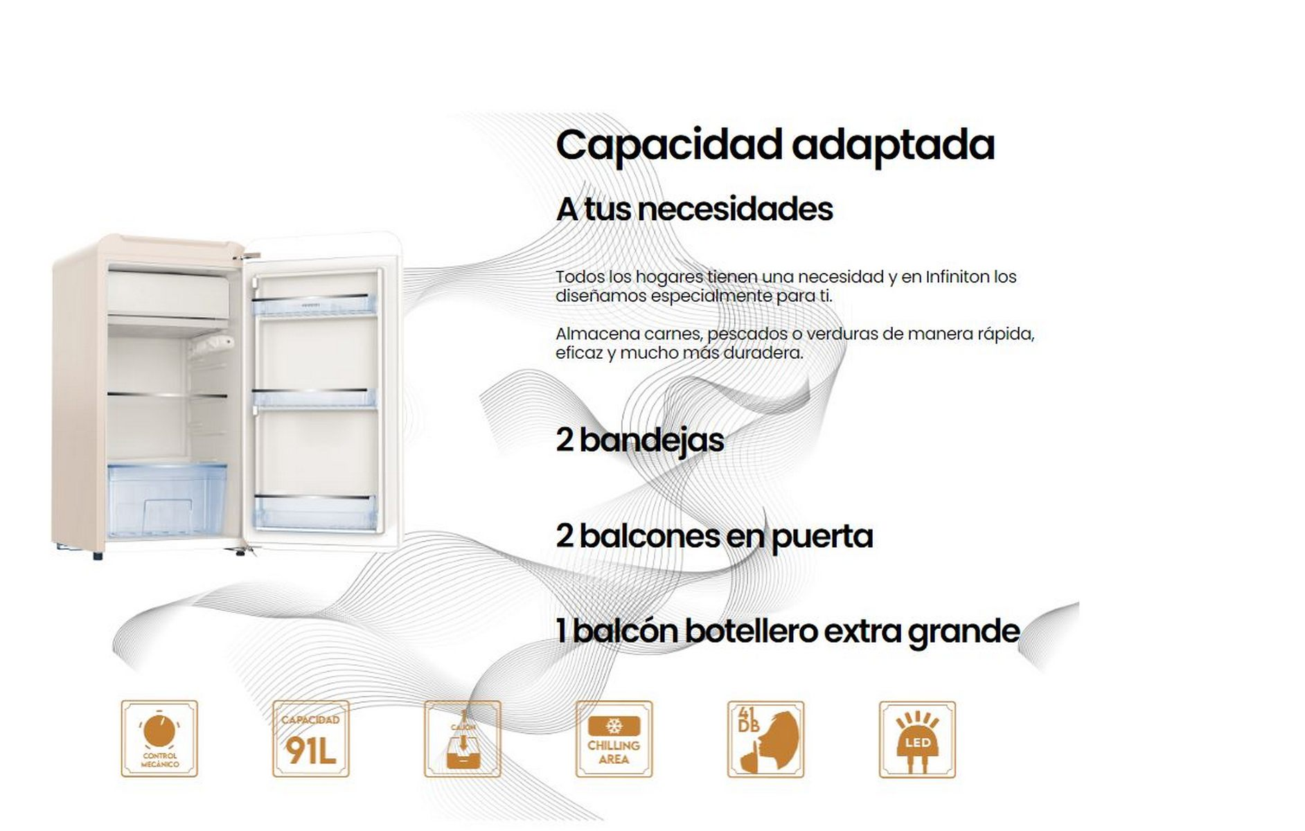 Un refrigerador beige abierto con estantes, puerta abierta. Texto en español sobre capacidad adaptada.