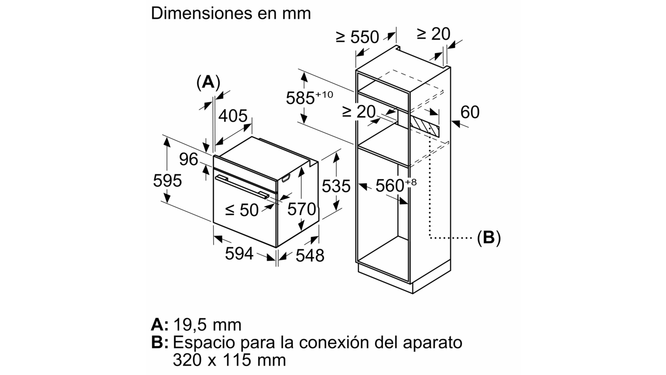 Diagrama que muestra las dimensiones de un horno.