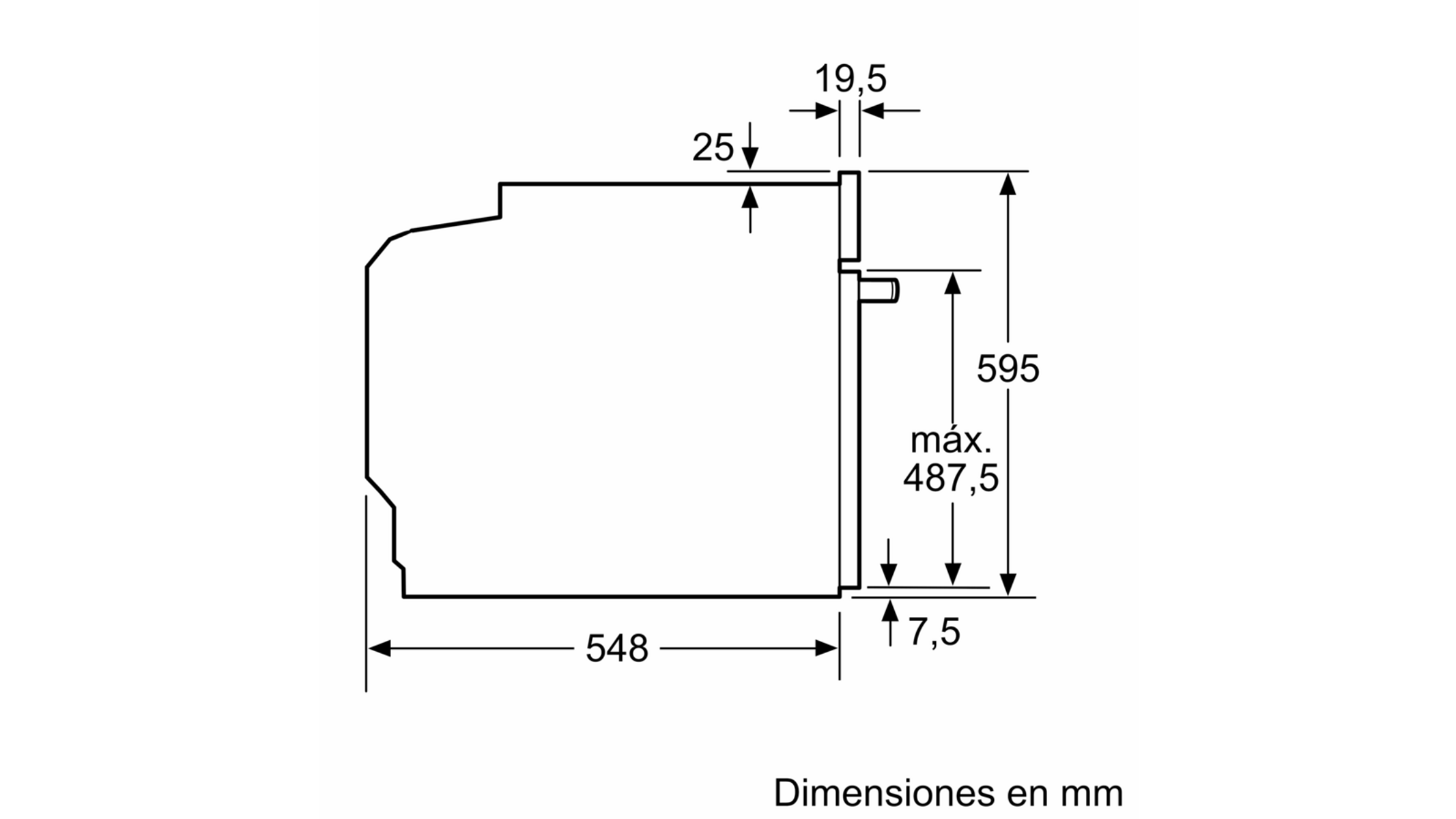 Diagrama vista lateral de horno, con dimensiones en mm. El horno en blanco y negro.