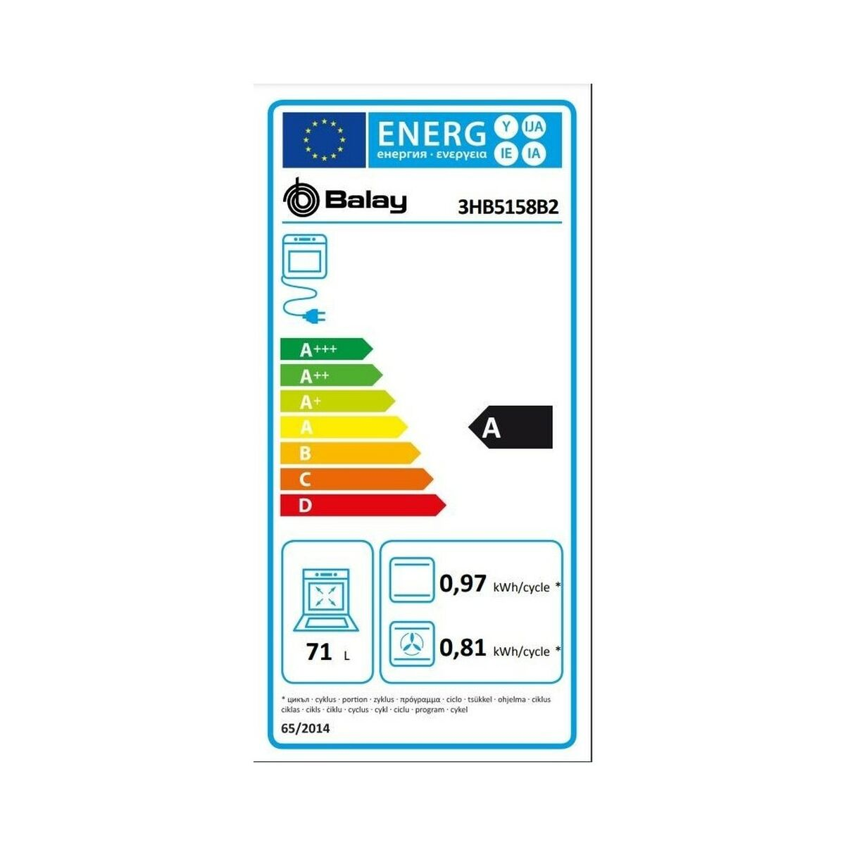 Etiqueta energética de un horno, que muestra detalles de eficiencia energética y especificaciones del electrodoméstico.
